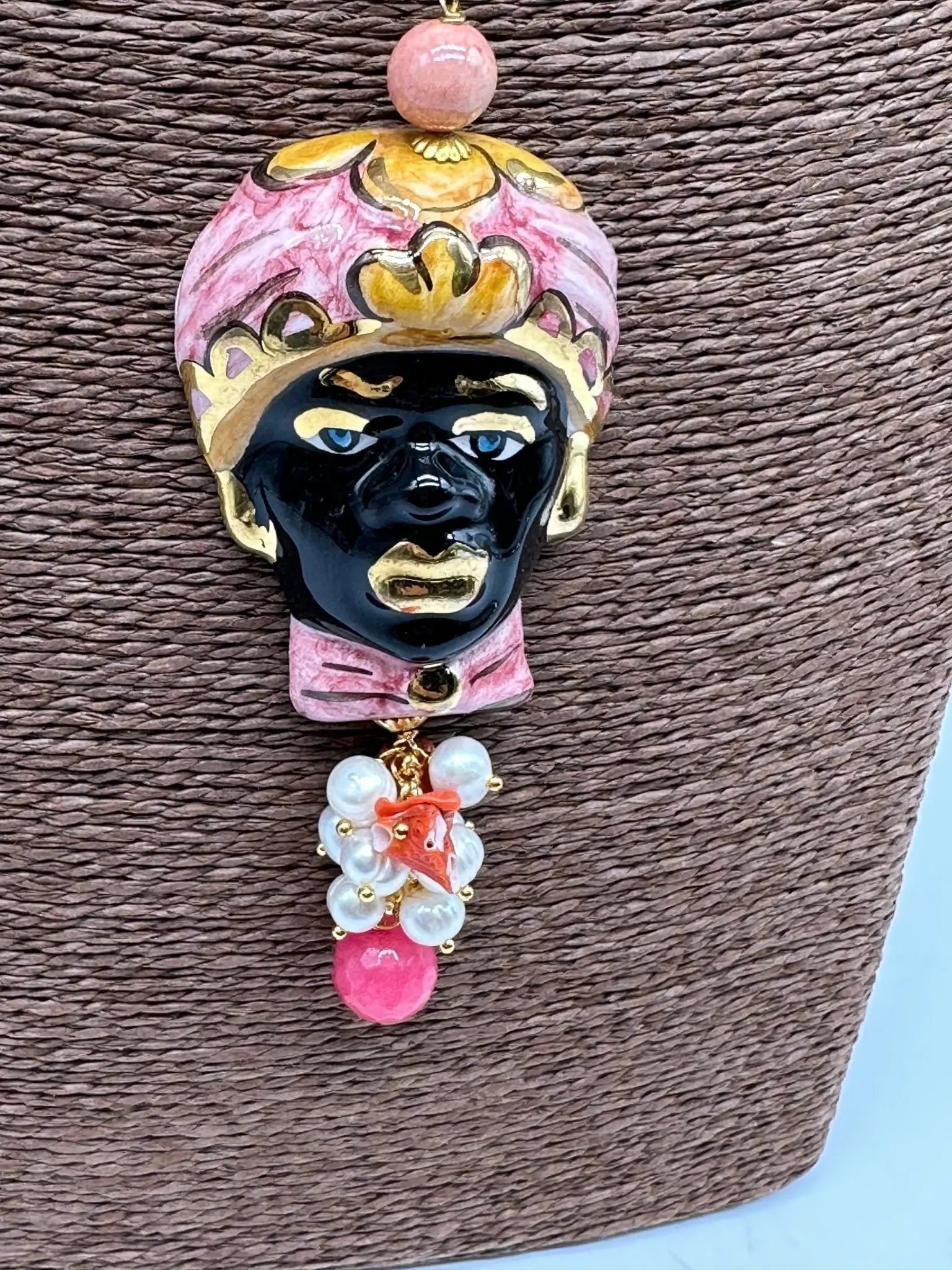 Collana Siciliana Testa di Moro Ceramica di Caltagirone Turbante Rosa Decorato - COLLANA