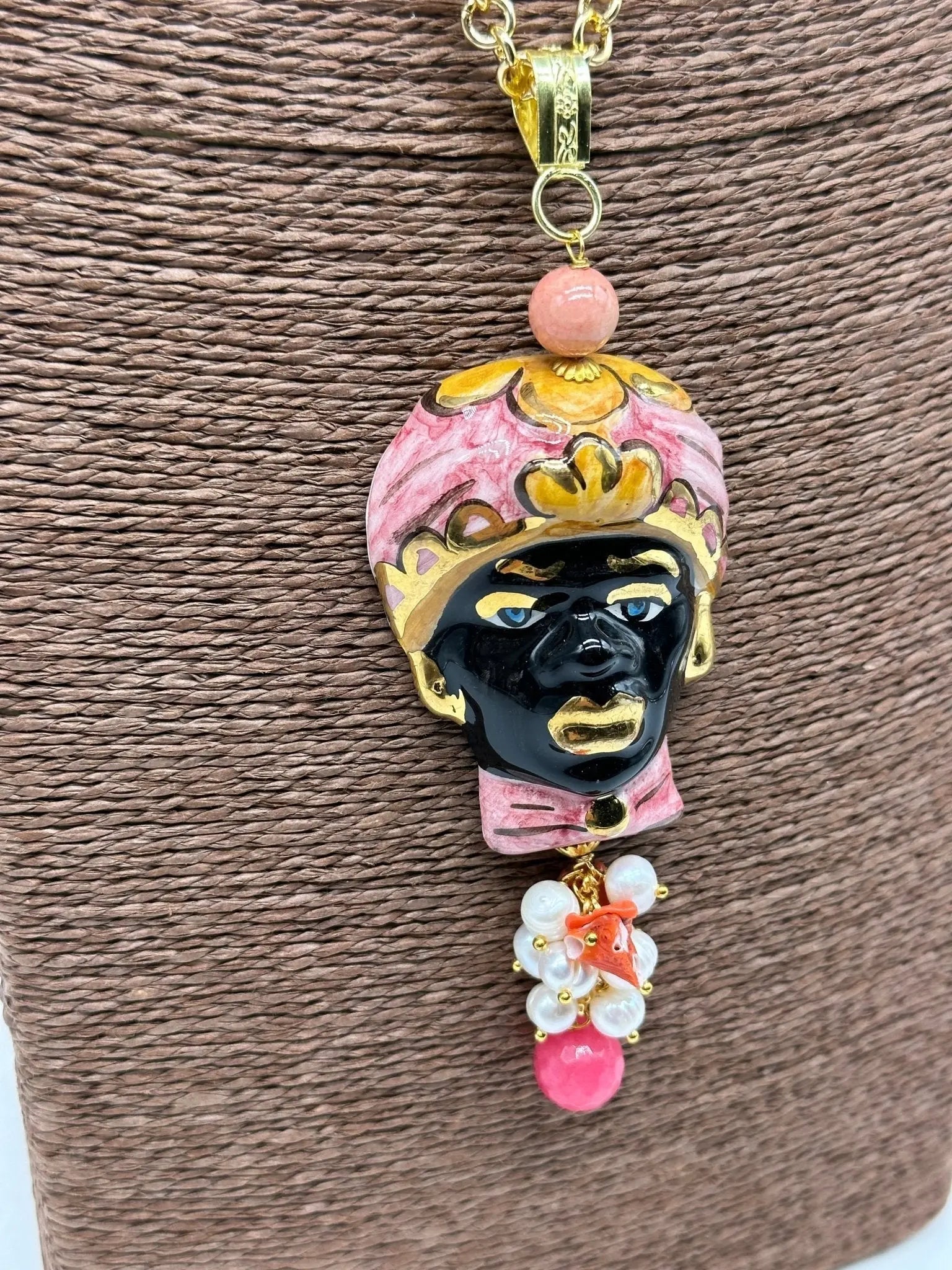 Collana Siciliana Testa di Moro Ceramica di Caltagirone Turbante Rosa Decorato - COLLANA