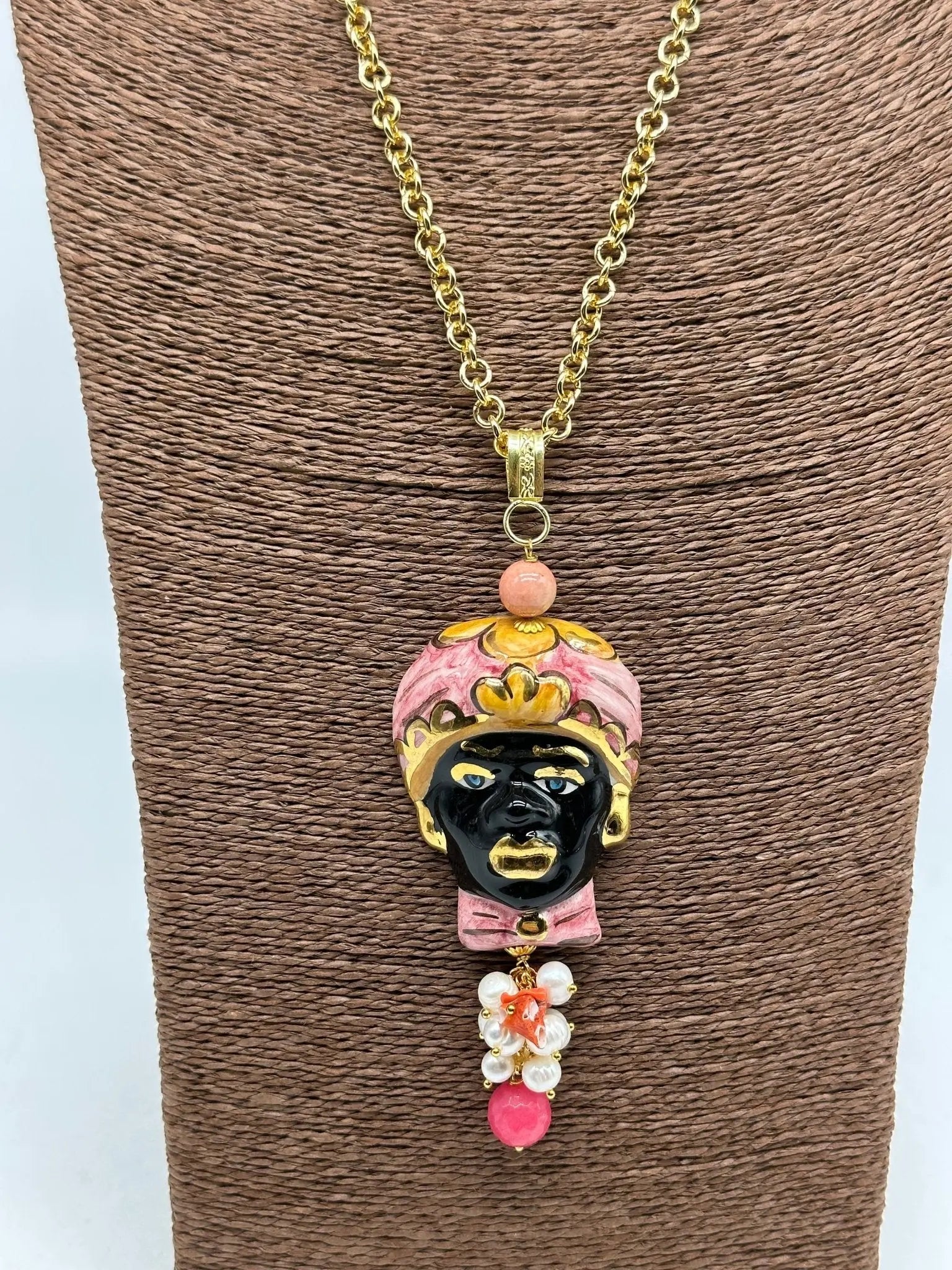 Collana Siciliana Testa di Moro Ceramica di Caltagirone Turbante Rosa Decorato - COLLANA