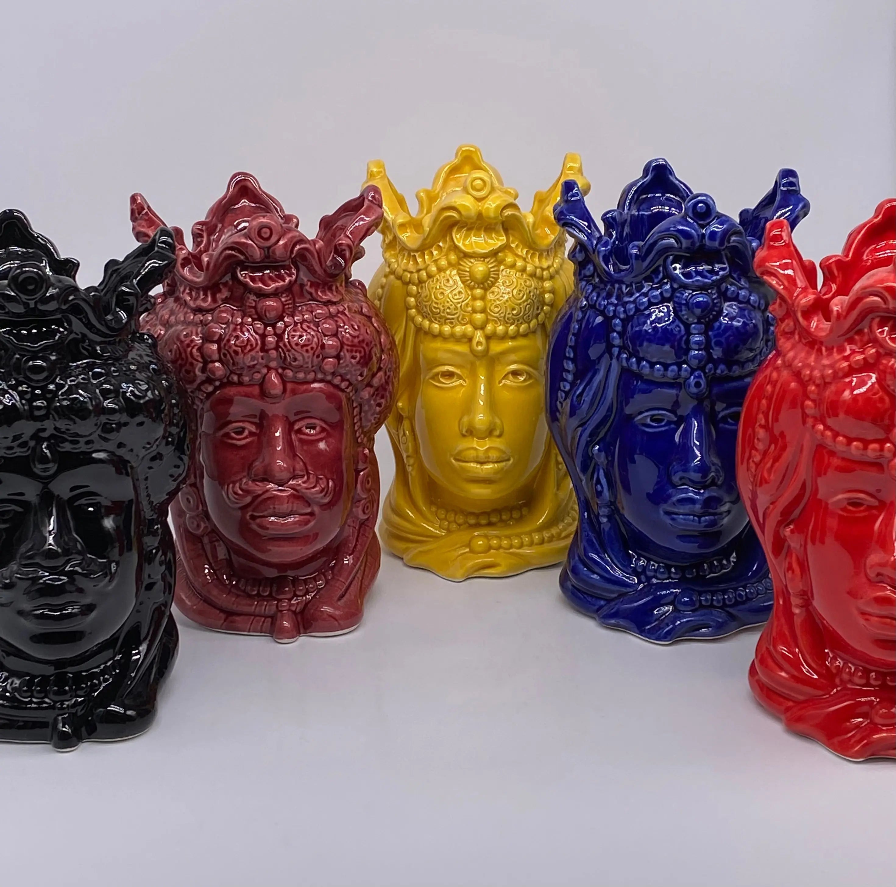 Paire De Têtes De Maure Siciliennes Caltagirone - Céramique Décorée Fumè - 30 Cm