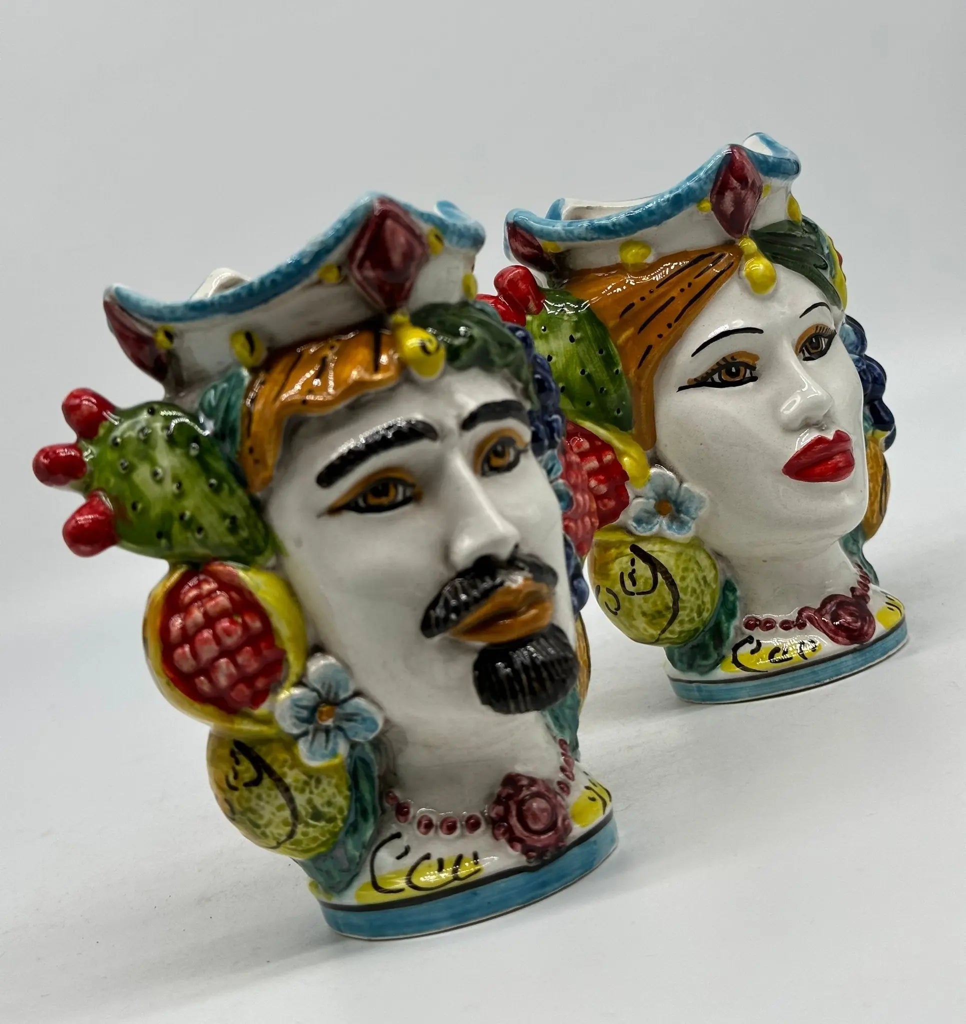 Coppia Teste di Moro Frutta Ceramica Caltagirone cm H.14 L.11 Artigianale - TESTA DI MORO