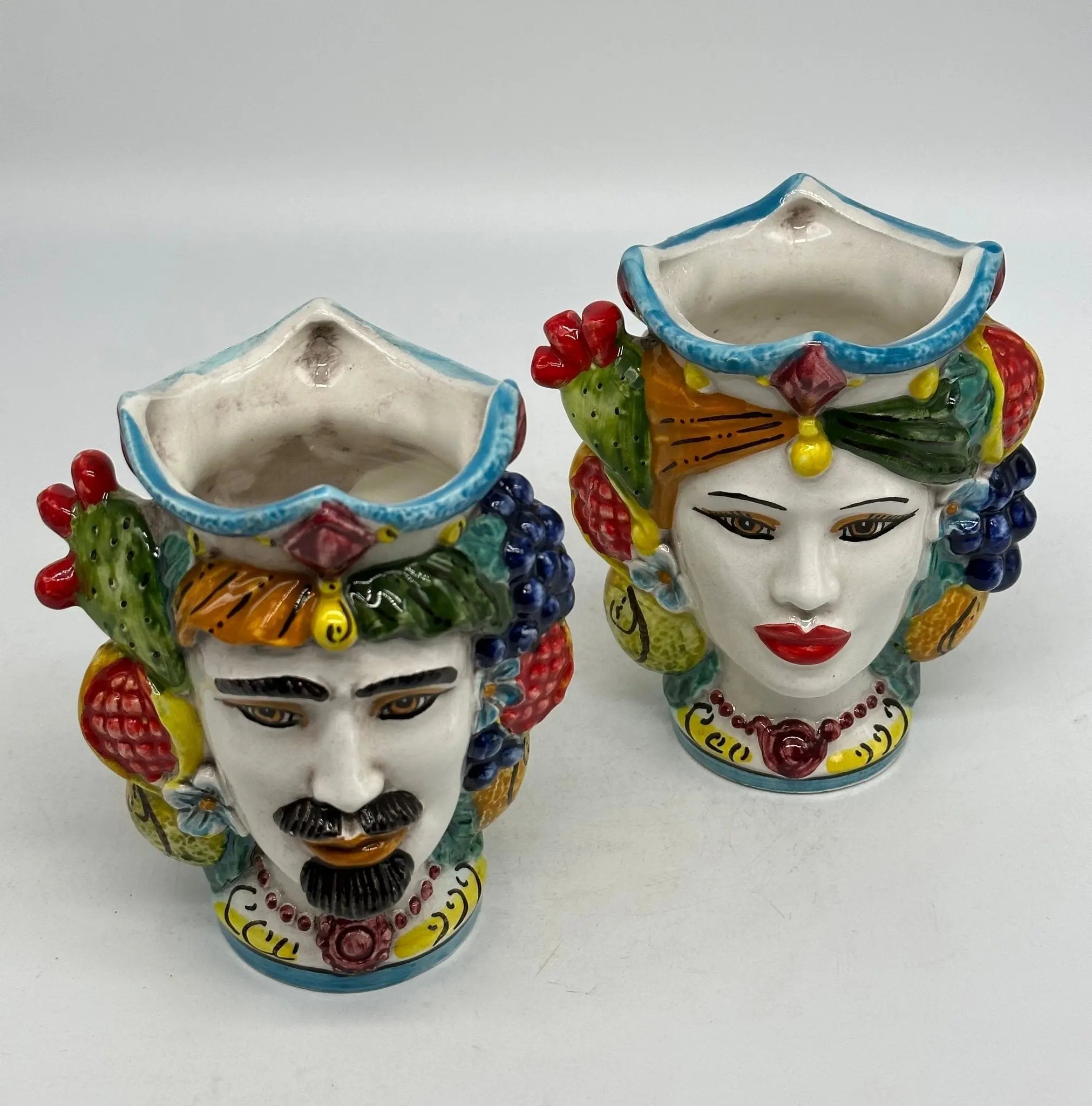 Coppia Teste di Moro Frutta Ceramica Caltagirone cm H.14 L.11 Artigianale - TESTA DI MORO