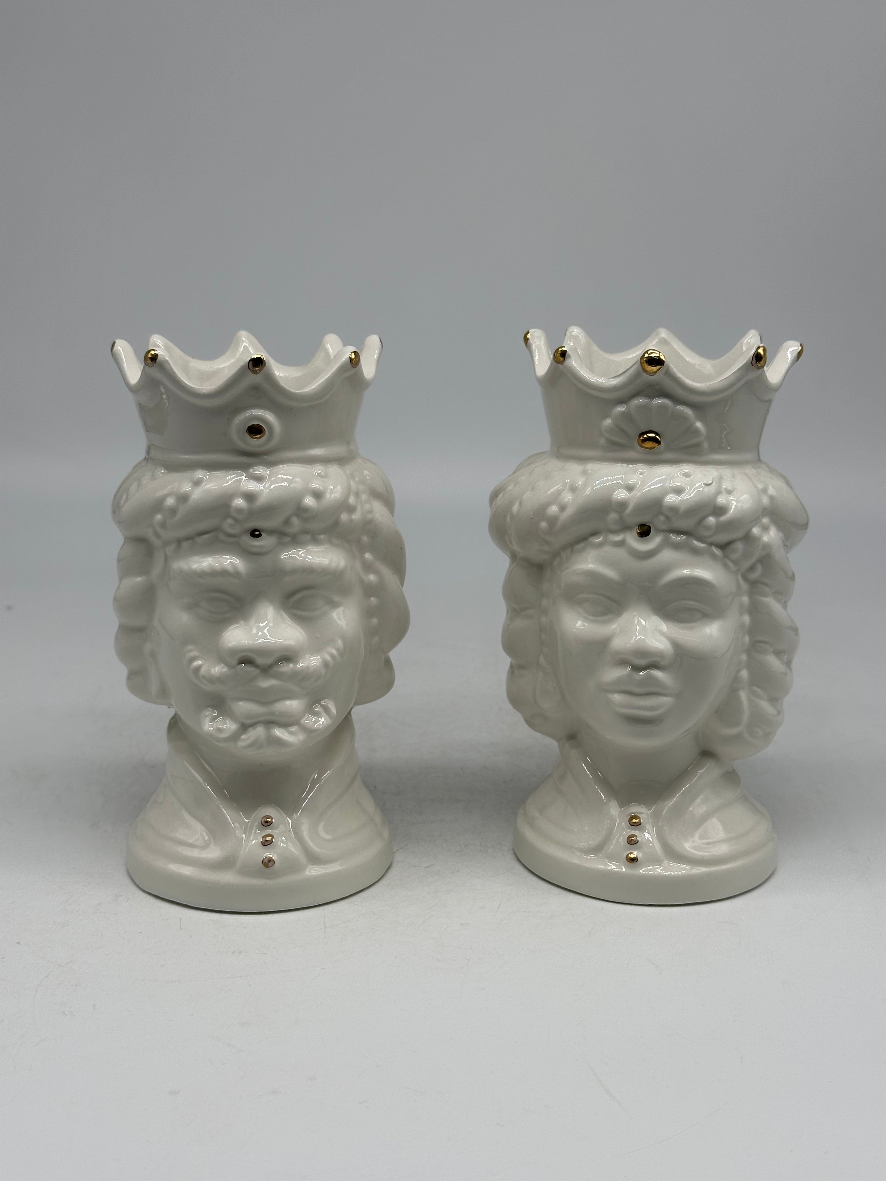 Coppia Teste di Moro Girun Ceramica Caltagirone cm H.14 L.9 Artigianale Bianco Oro - TESTE DI MORO
