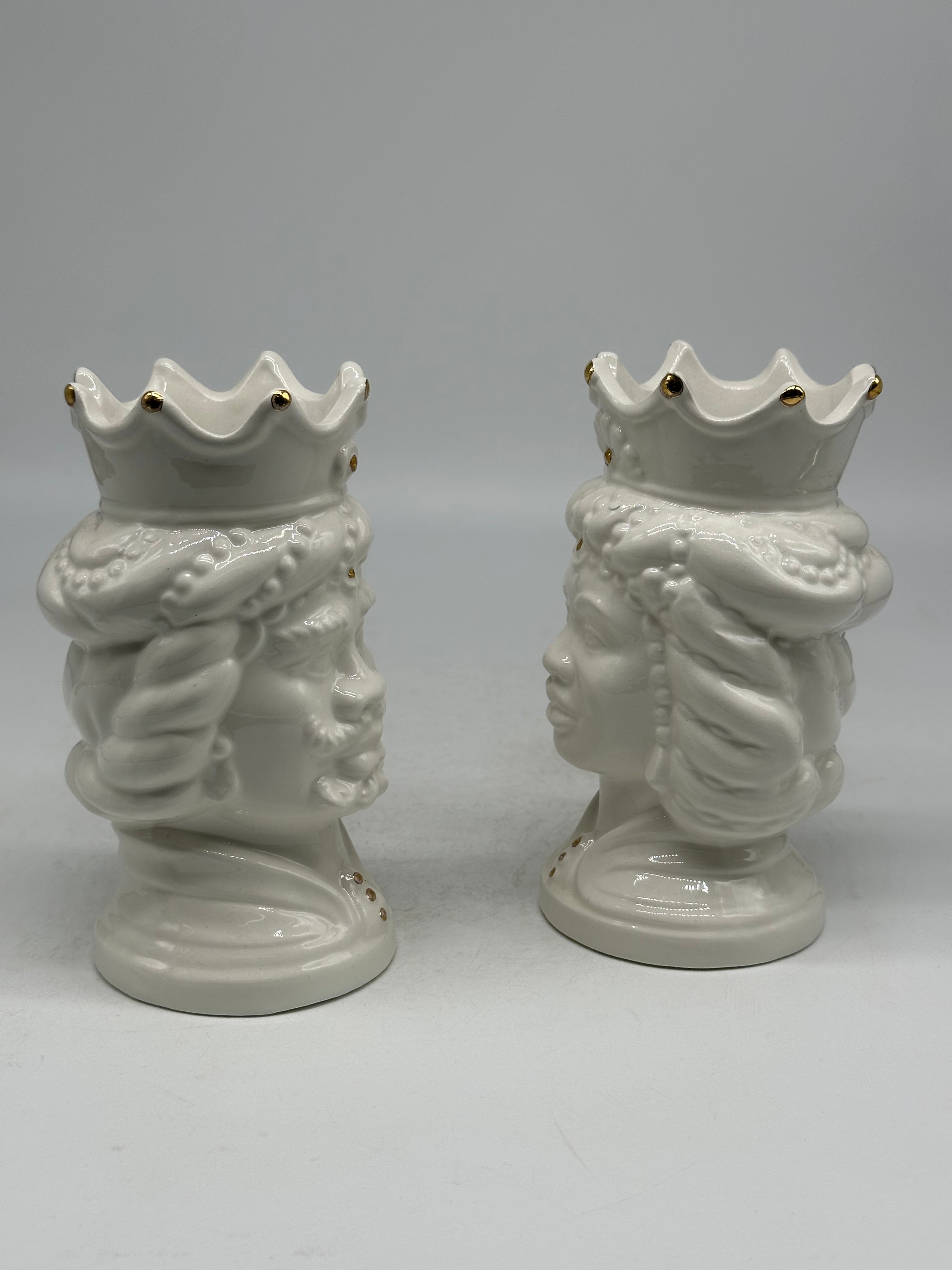 Coppia Teste di Moro Girun Ceramica Caltagirone cm H.14 L.9 Artigianale Bianco Oro - TESTE DI MORO