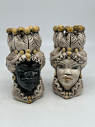 Coppia Teste di Moro Luis Ceramica Caltagirone cm H.17 L.9 Artigianale Beige Sfere Giallo - TESTE DI MORO