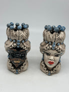 Coppia Teste di Moro Luis Ceramica Caltagirone cm H.17 L.9 Artigianale Beige Sfere Celeste - TESTE DI MORO