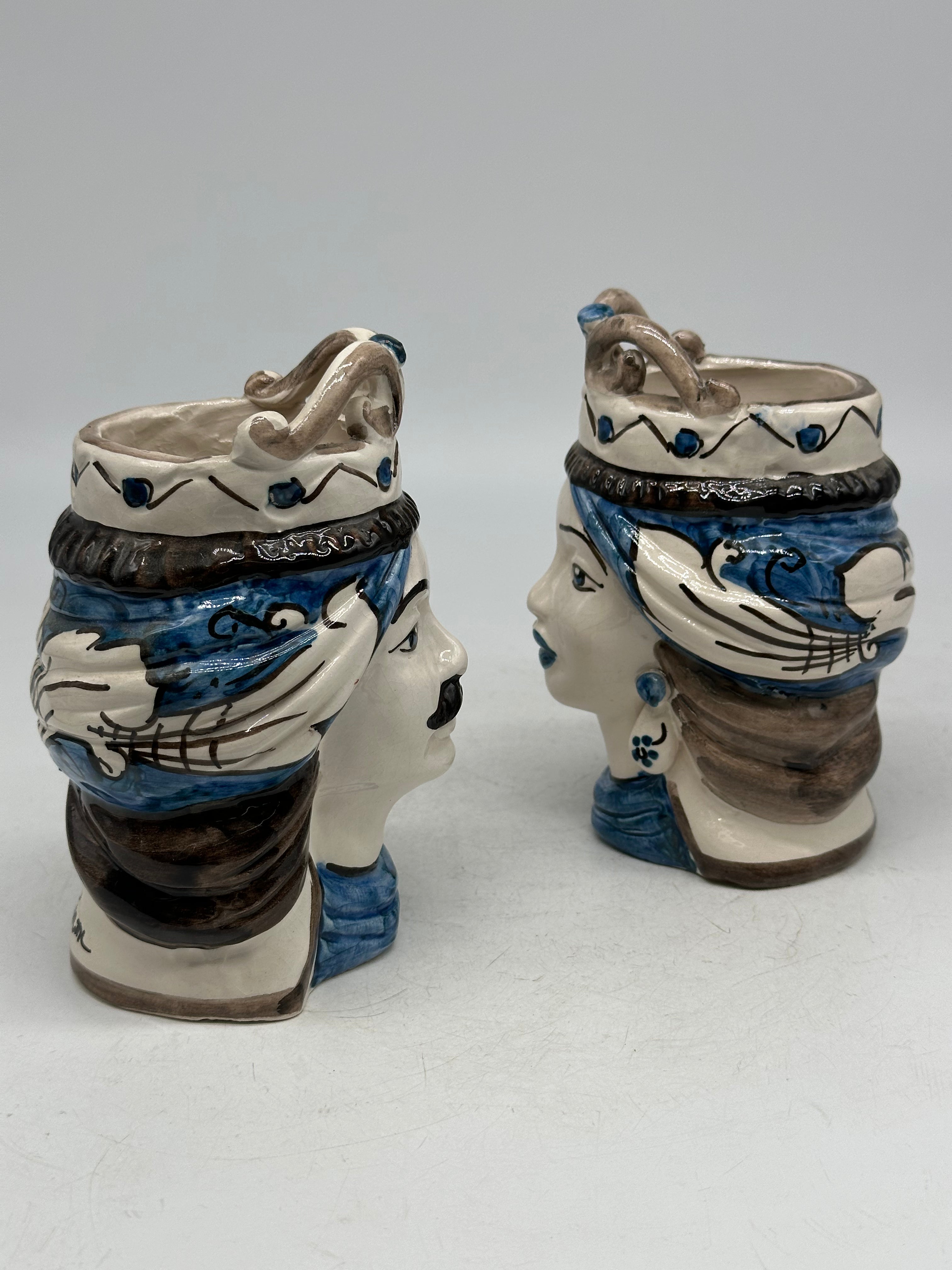 Coppia Teste di Moro Seicento Blu V.2 cm H.15 L.10 Ceramica Caltagirone Artigianale - TESTE DI MORO