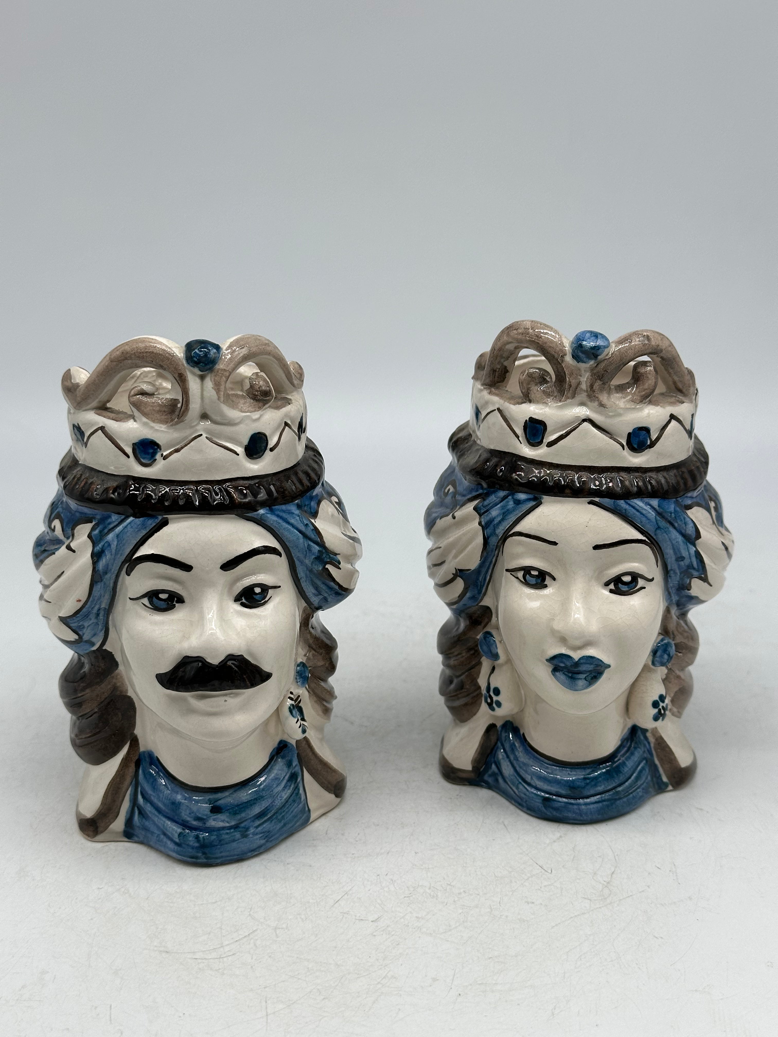 Coppia Teste di Moro Seicento Blu V.2 cm H.15 L.10 Ceramica Caltagirone Artigianale - TESTE DI MORO