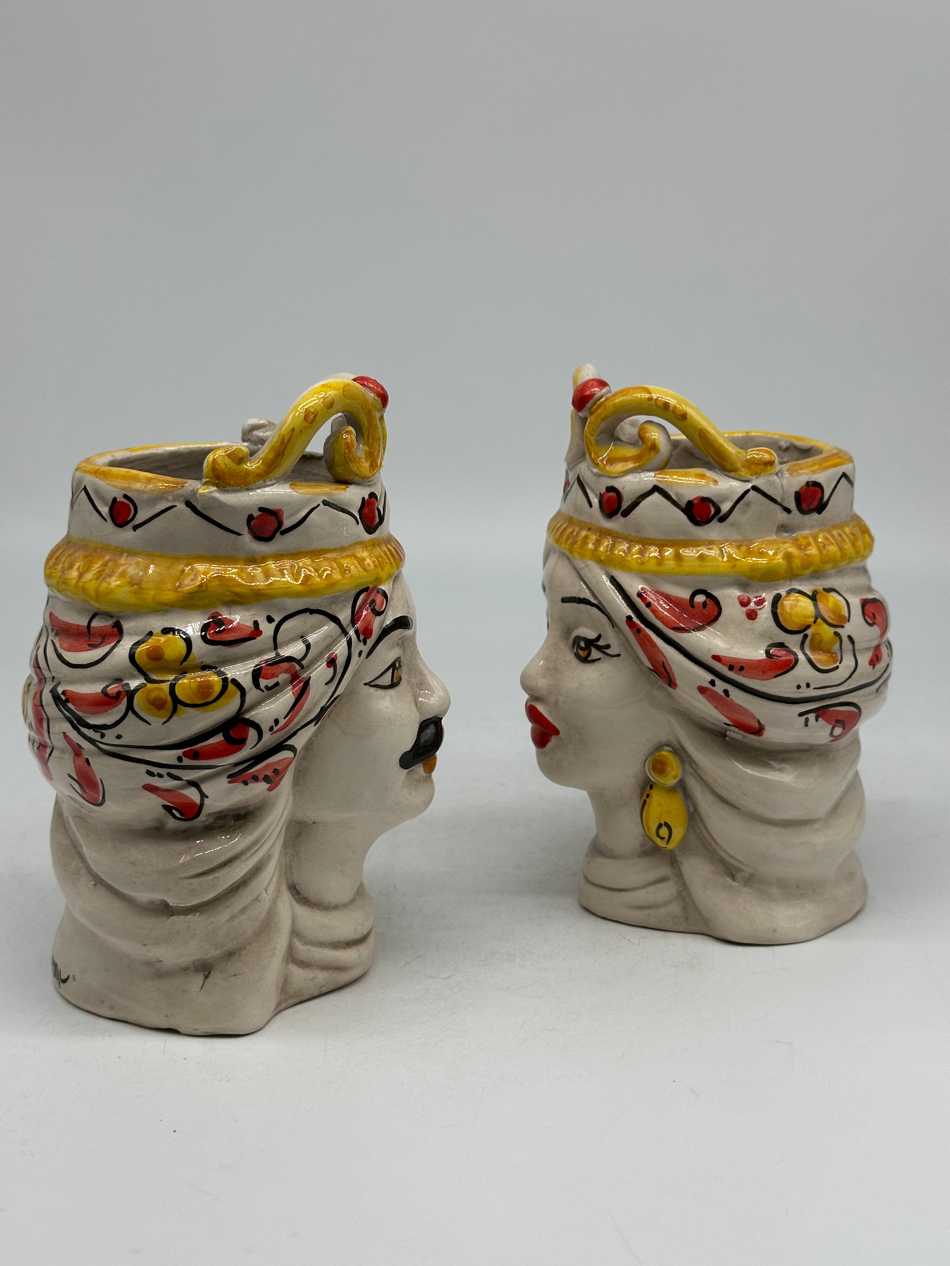 Coppia Teste di Moro Seicento Rosso cm H.15 L.10 Ceramica Caltagirone Artigianale - TESTE DI MORO