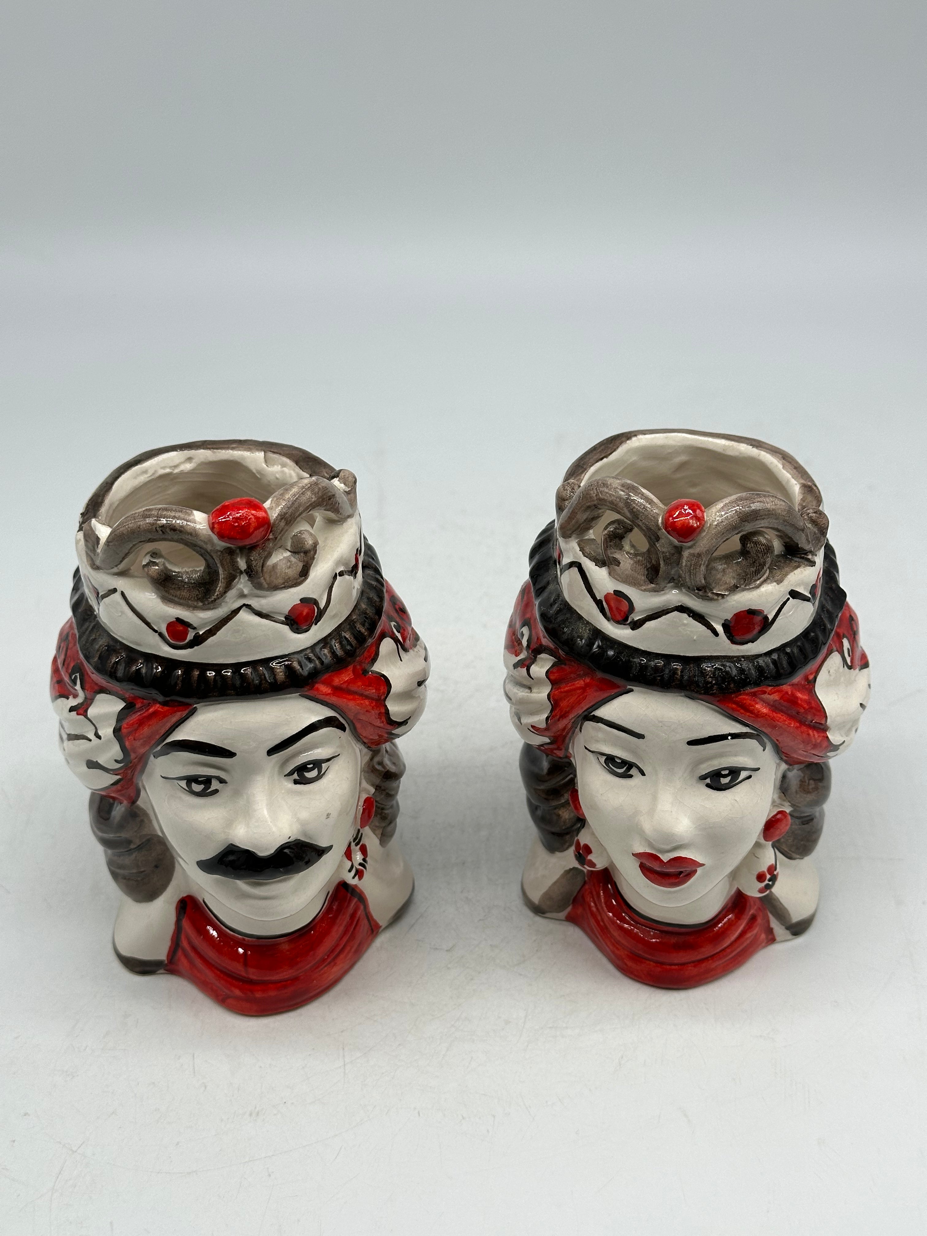 Coppia Teste di Moro Seicento Rosso V.2 cm H.15 L.10 Ceramica Caltagirone Artigianale - TESTE DI MORO