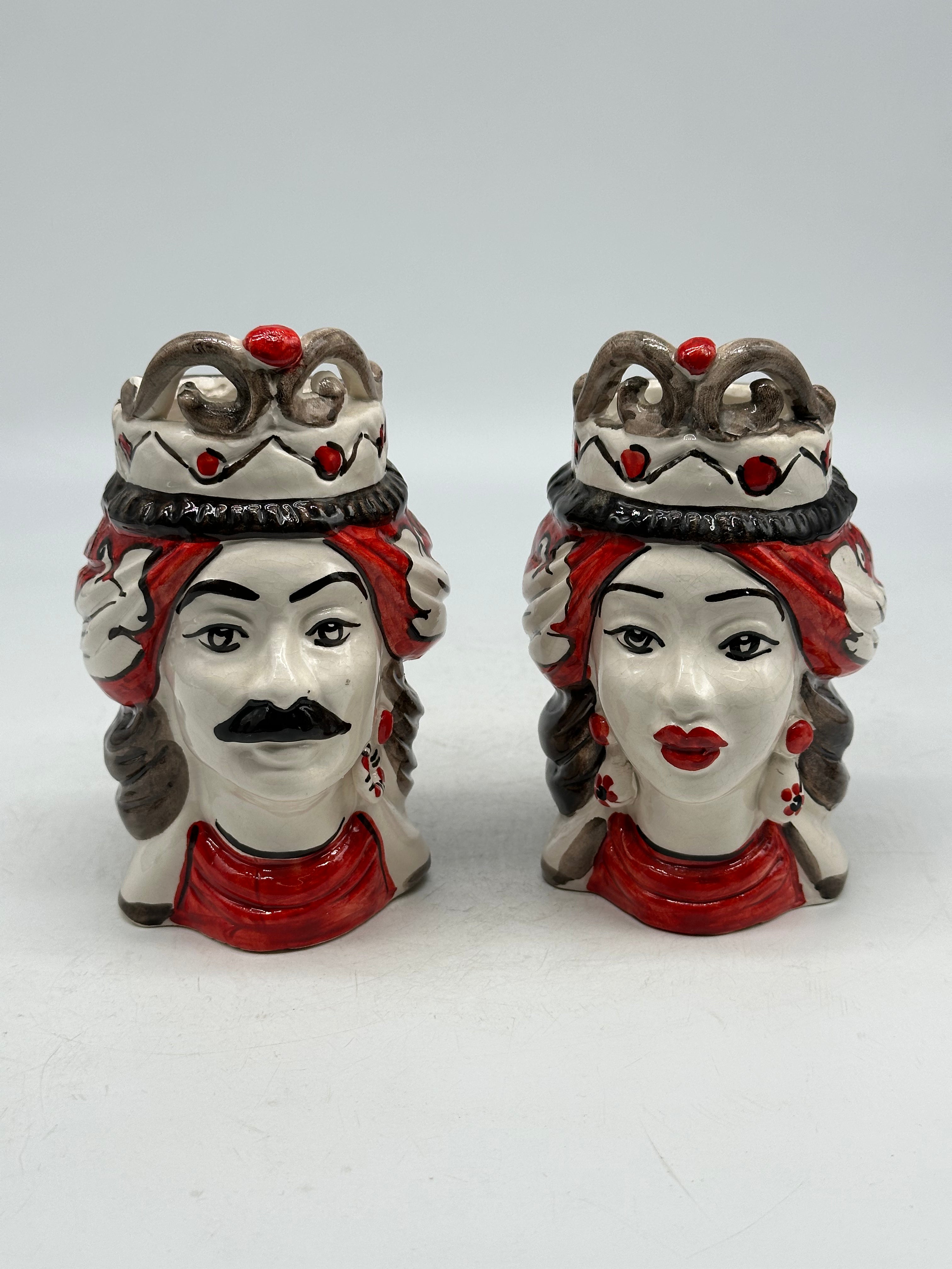 Coppia Teste di Moro Seicento Rosso V.2 cm H.15 L.10 Ceramica Caltagirone Artigianale - TESTE DI MORO