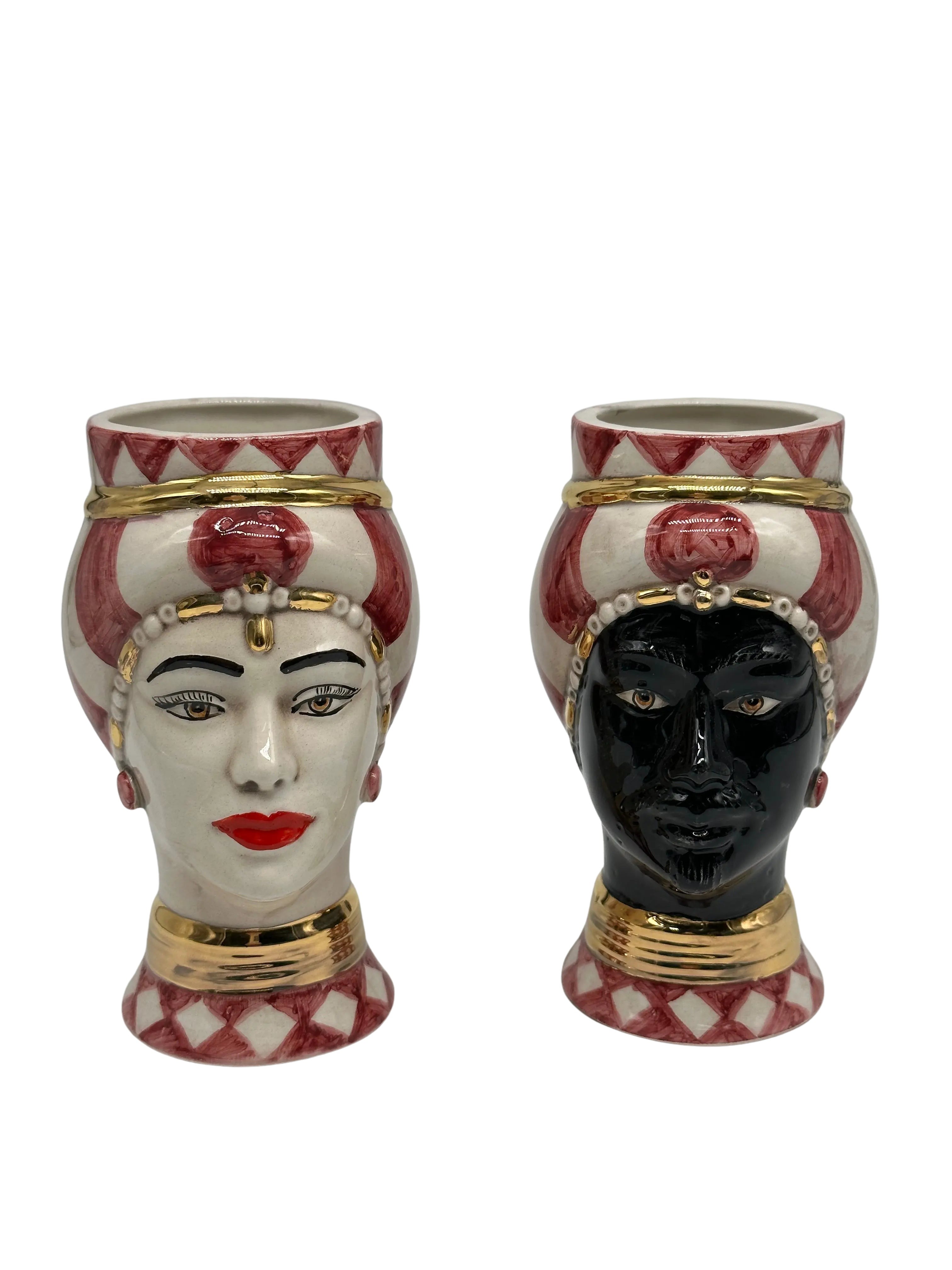 Coppia Teste di Moro Token Ceramica Caltagirone cm H.14 L.8 Artigianale VARI COLORI DD CERAMICHE SICILIANE