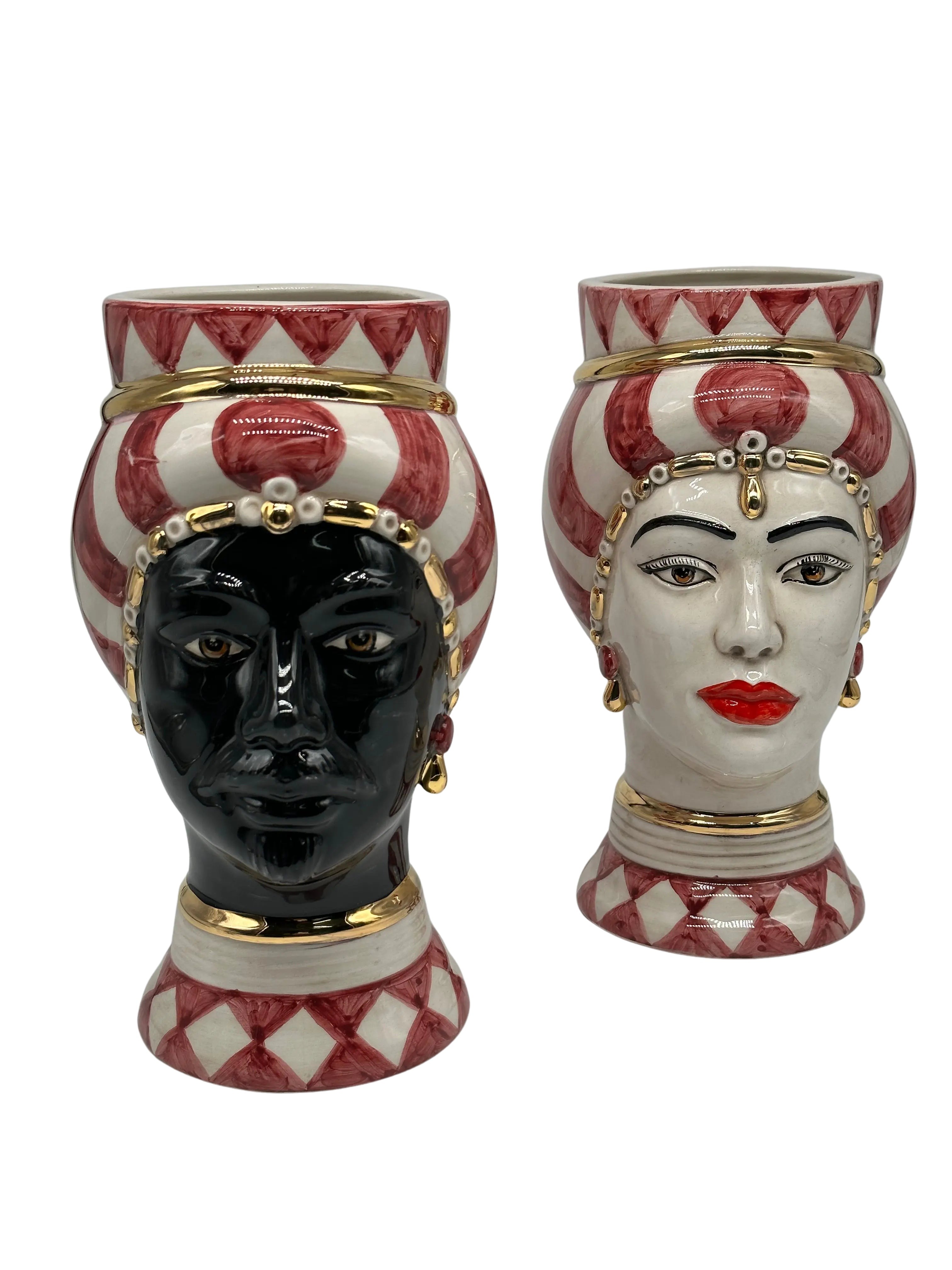 Coppia Teste di Moro Token Ceramica Caltagirone cm H.23 L.12 Artigianale VARI COLORI DD CERAMICHE SICILIANE
