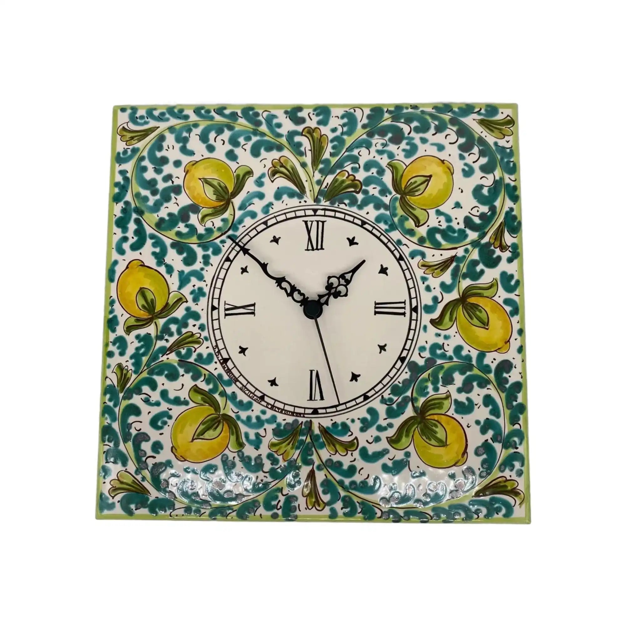 Orologio da parete decorativo in ceramica con limoni gialli e motivi floreali verdi.