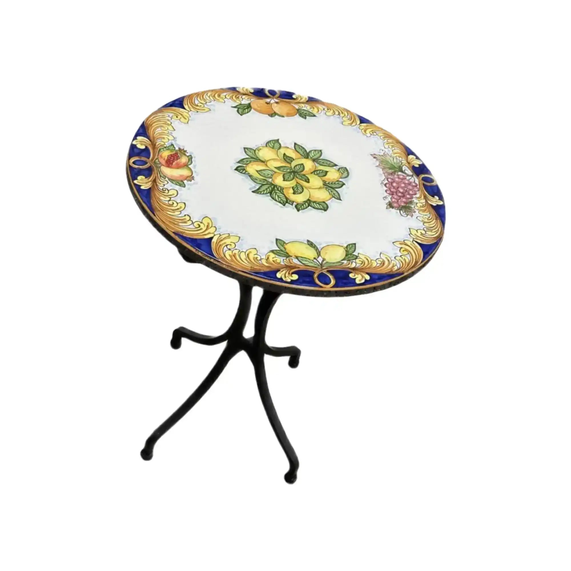 Tavolo ovale decorativo con un top in ceramica floreale colorata e gambe in metallo nero.