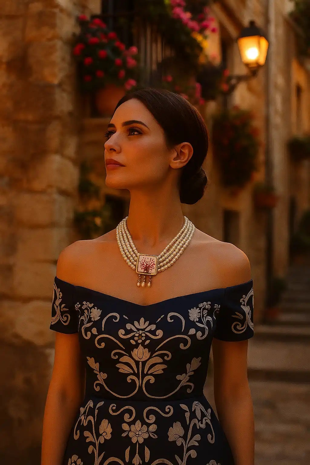 Una donna indossa un vestito navy blu con spalle scoperte, ricamato con fiori bianchi, e una collana di perle a più fili con un pendente quadrato.