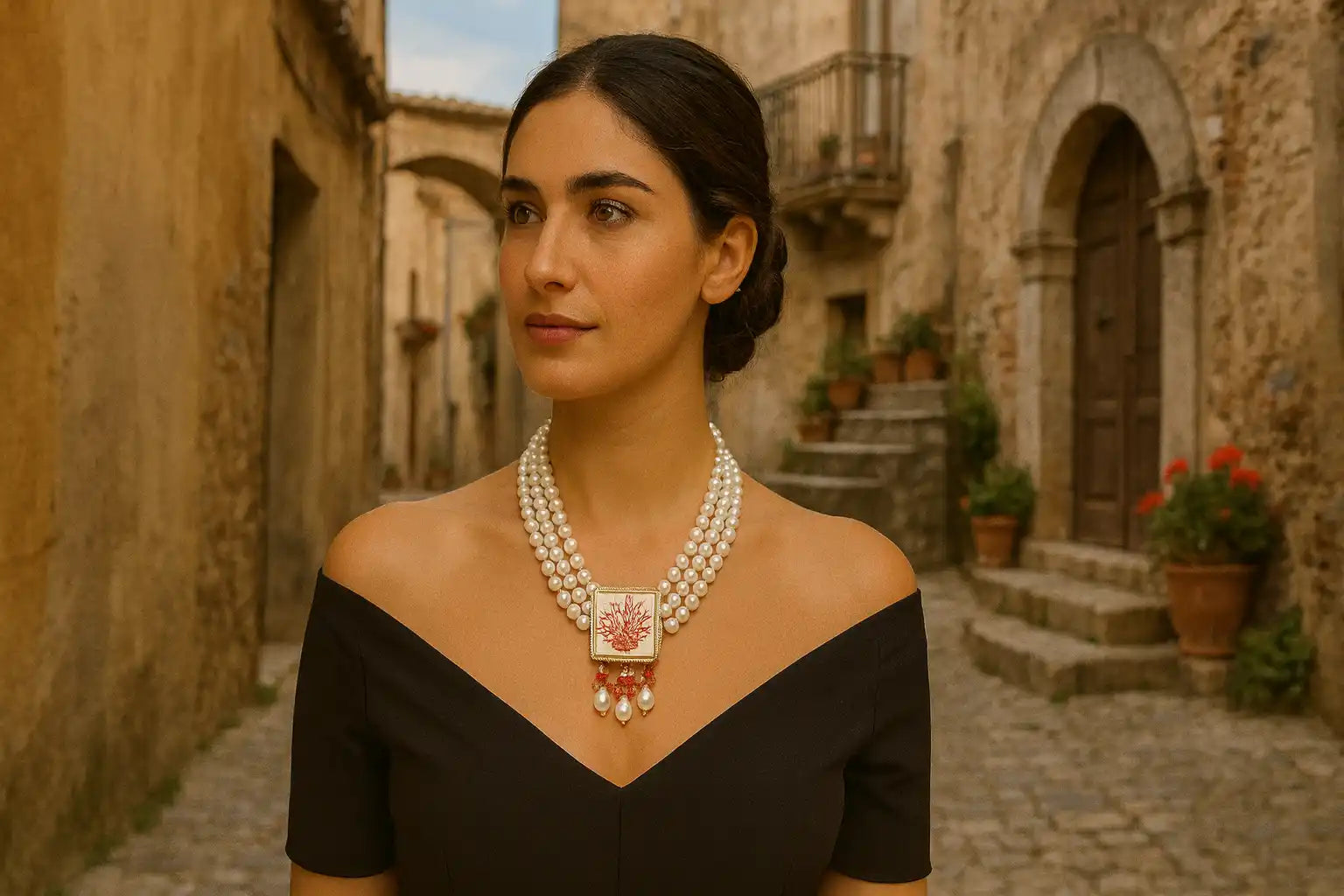Una donna che indossa una collana di perle con un ciondolo quadrato in coralino.
