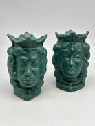 FINE SERIE - Coppia Teste di Moro Afro Frutta Ceramica Caltagirone cm H.18 L.12 Artigianale Verde Opaco - TESTE DI MORO
