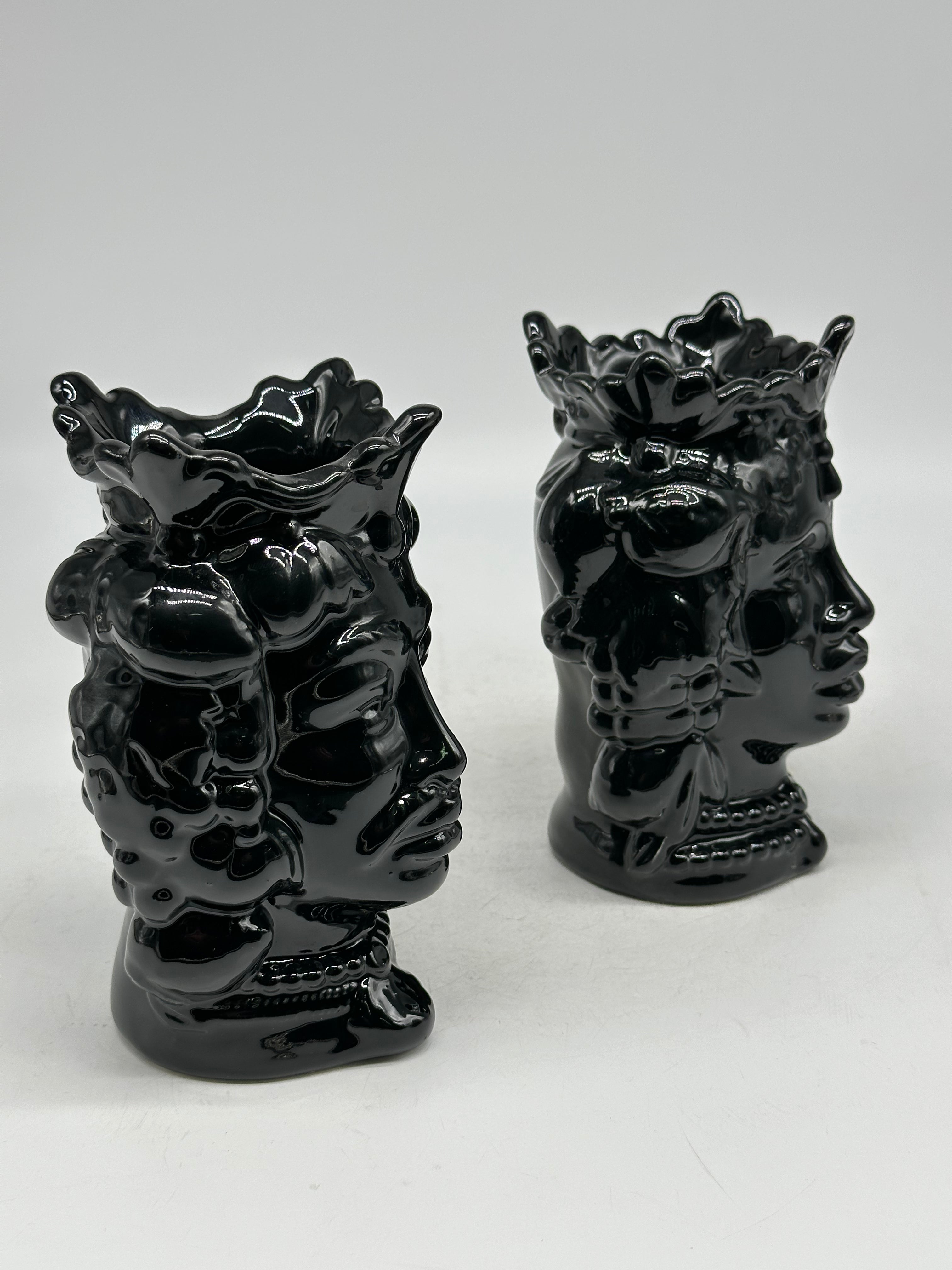 FINE SERIE - Coppia Teste di Moro Afro Frutta Ceramica Caltagirone cm H.18 L.12 Artigianale Nero - TESTE DI MORO
