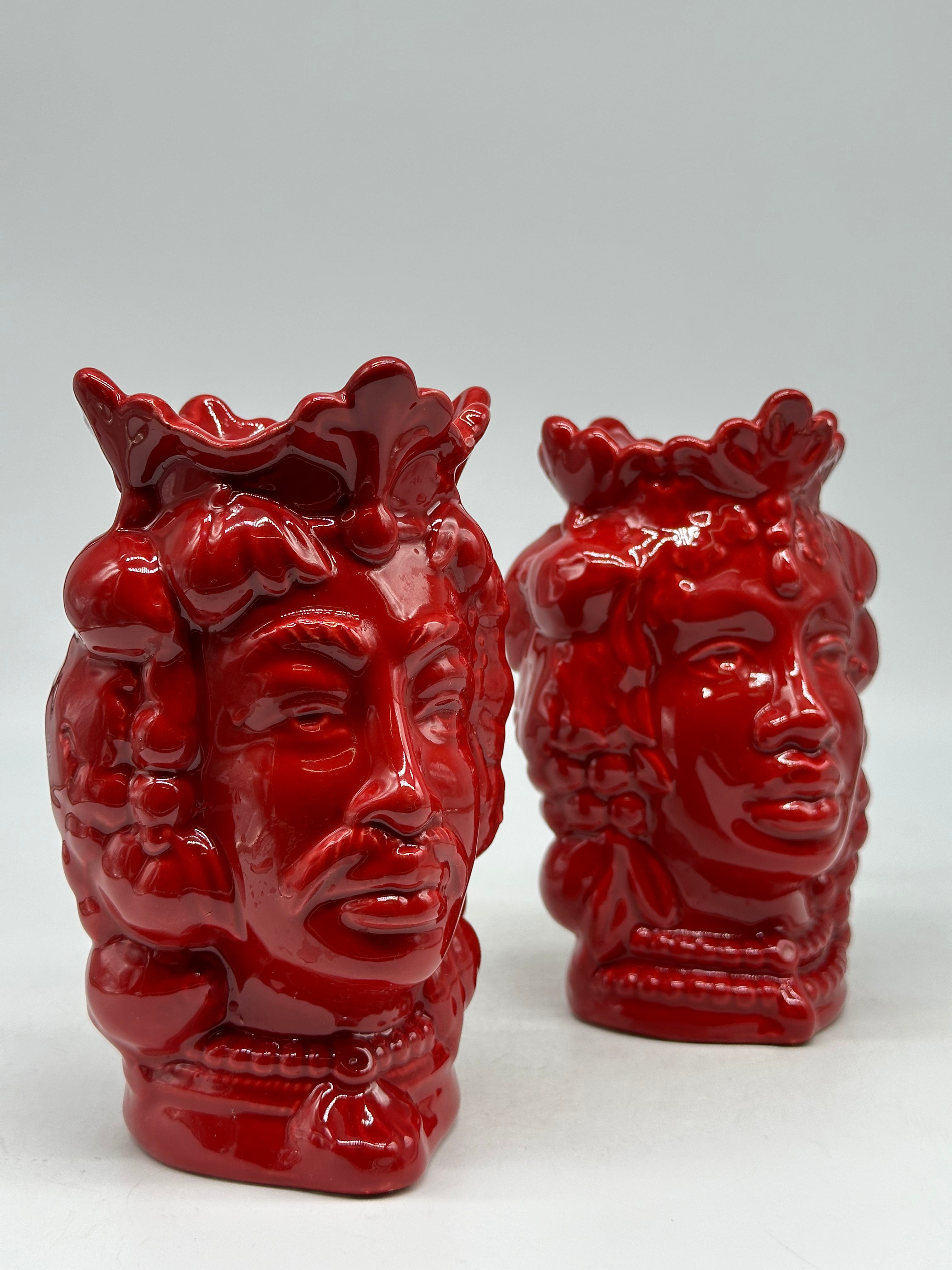 FINE SERIE - Coppia Teste di Moro Afro Frutta Ceramica Caltagirone cm H.18 L.12 Artigianale Rosso - TESTE DI MORO