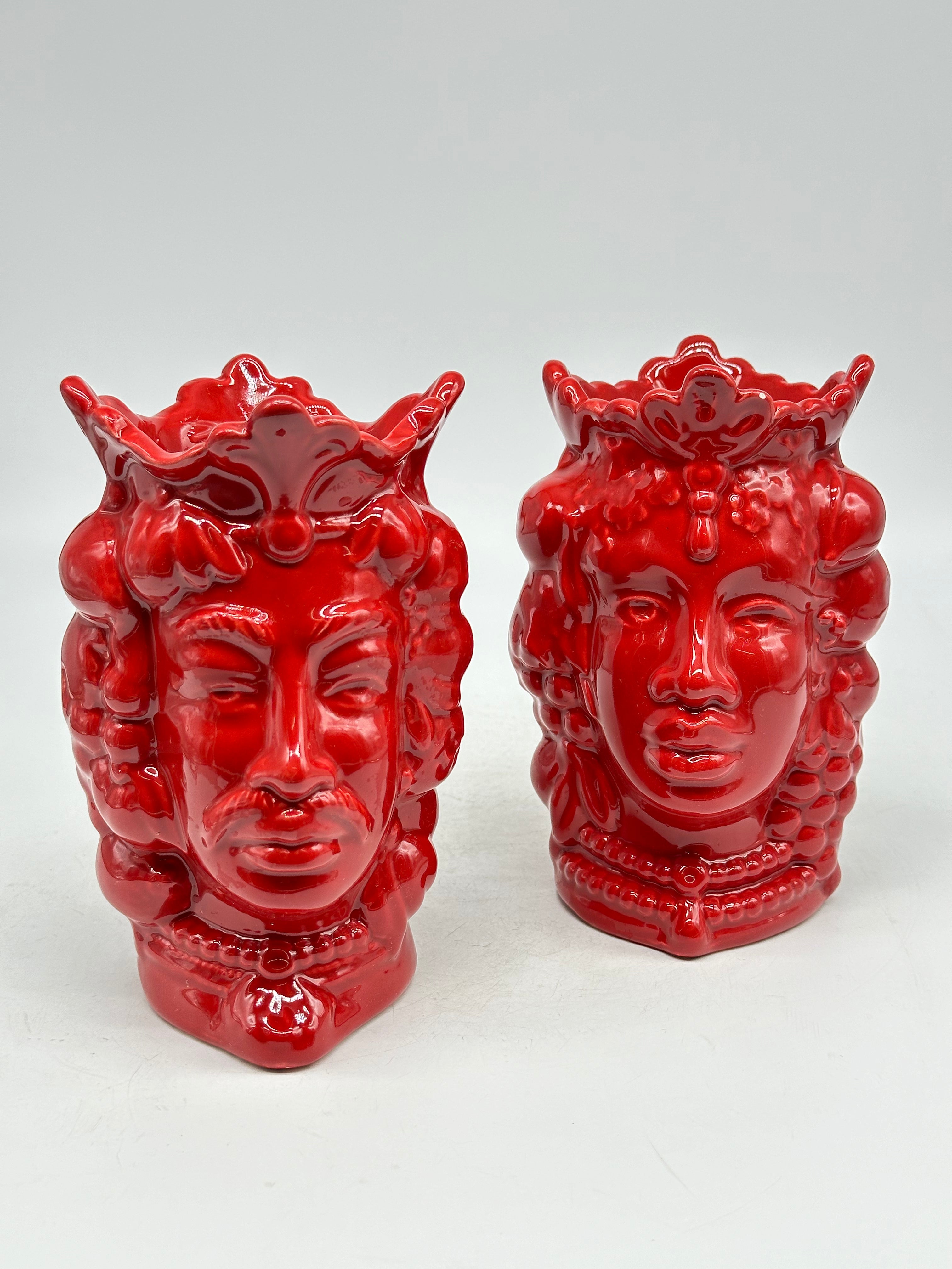 FINE SERIE - Coppia Teste di Moro Afro Frutta Ceramica Caltagirone cm H.18 L.12 Artigianale Rosso - TESTE DI MORO