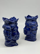 FINE SERIE - Coppia Teste di Moro Afro Frutta Ceramica Caltagirone cm H.18 L.12 Artigianale Blu - TESTE DI MORO
