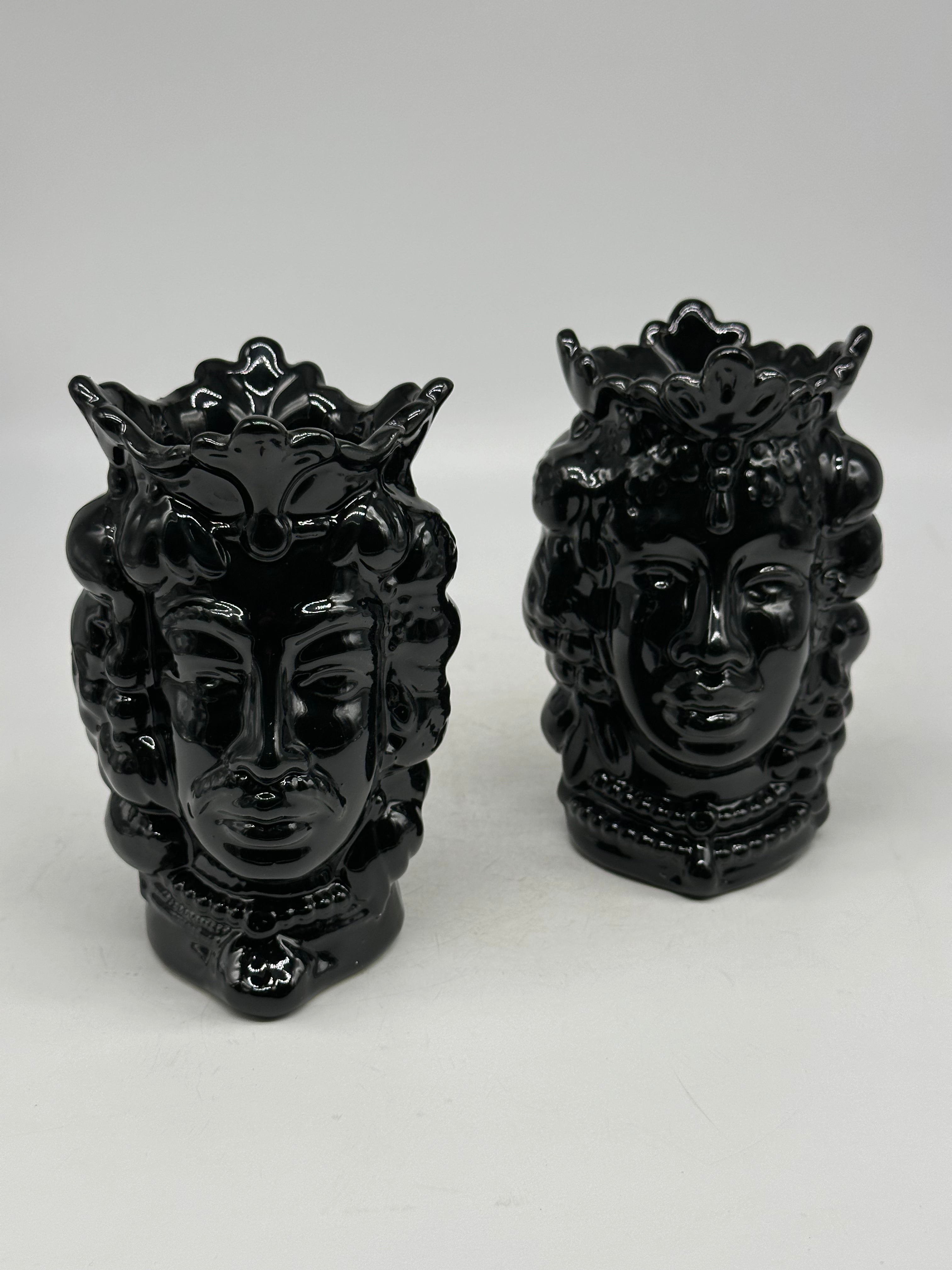 FINE SERIE - Coppia Teste di Moro Afro Frutta Ceramica Caltagirone cm H.18 L.12 Artigianale Nero - TESTE DI MORO