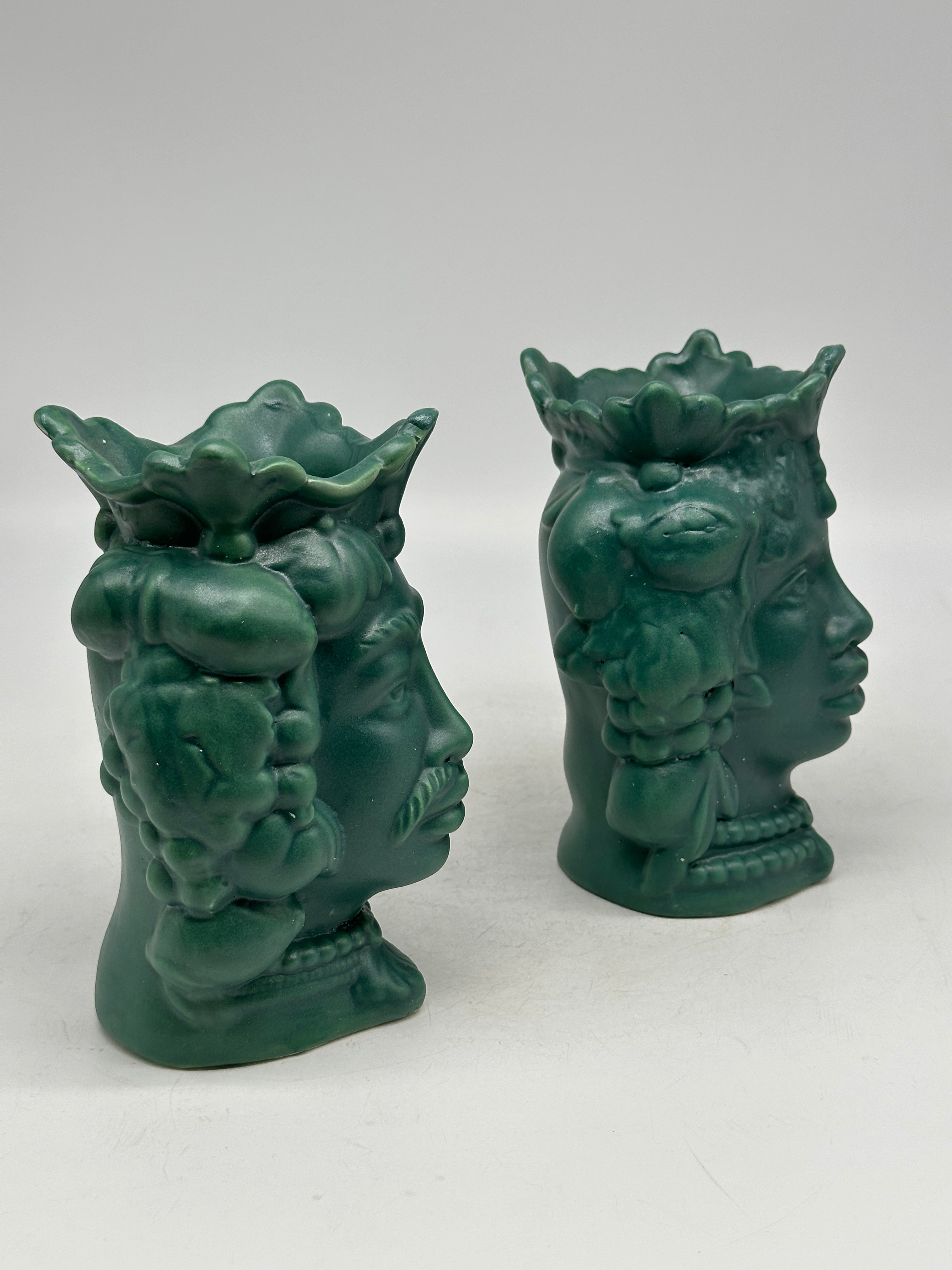 FINE SERIE - Coppia Teste di Moro Afro Frutta Ceramica Caltagirone cm H.18 L.12 Artigianale Verde Opaco - TESTE DI MORO