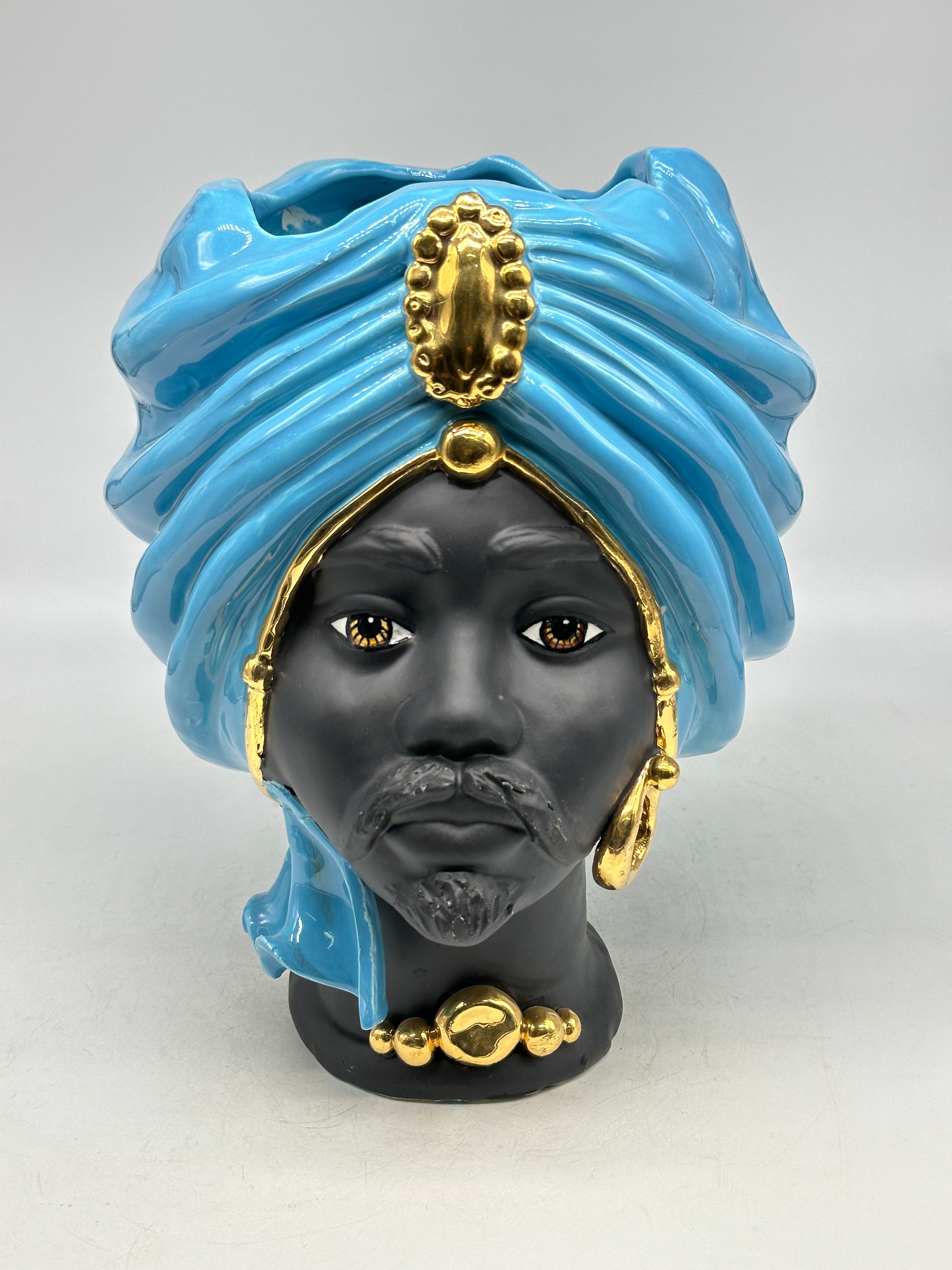 FINE SERIE - Coppia Teste di Moro Atena Ceramica Caltagirone cm H.30 L.23 Artigianale Opaco Celeste Oro - TESTE DI MORO