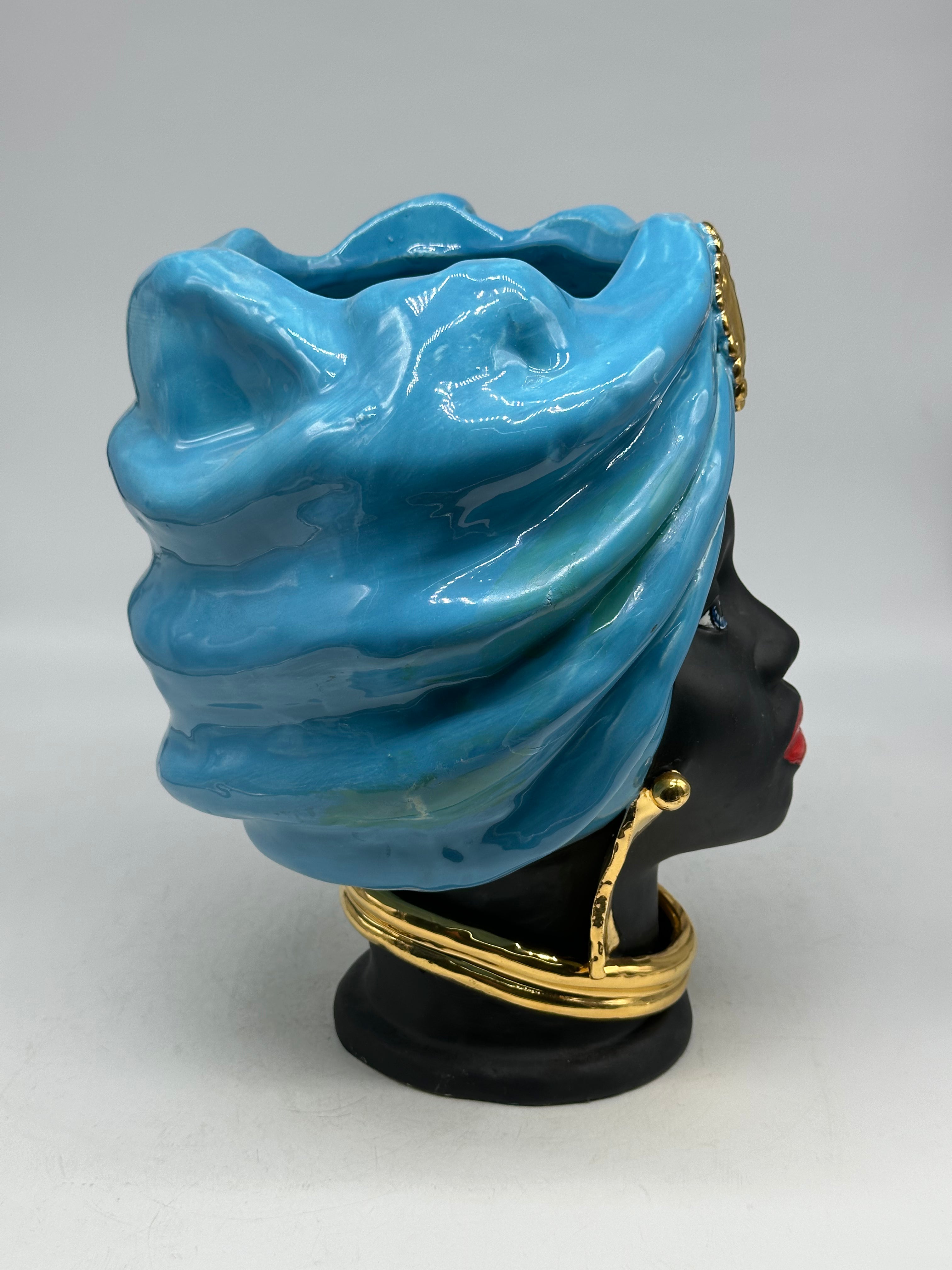 FINE SERIE - Coppia Teste di Moro Atena Ceramica Caltagirone cm H.30 L.23 Artigianale Opaco Celeste Oro - TESTE DI MORO