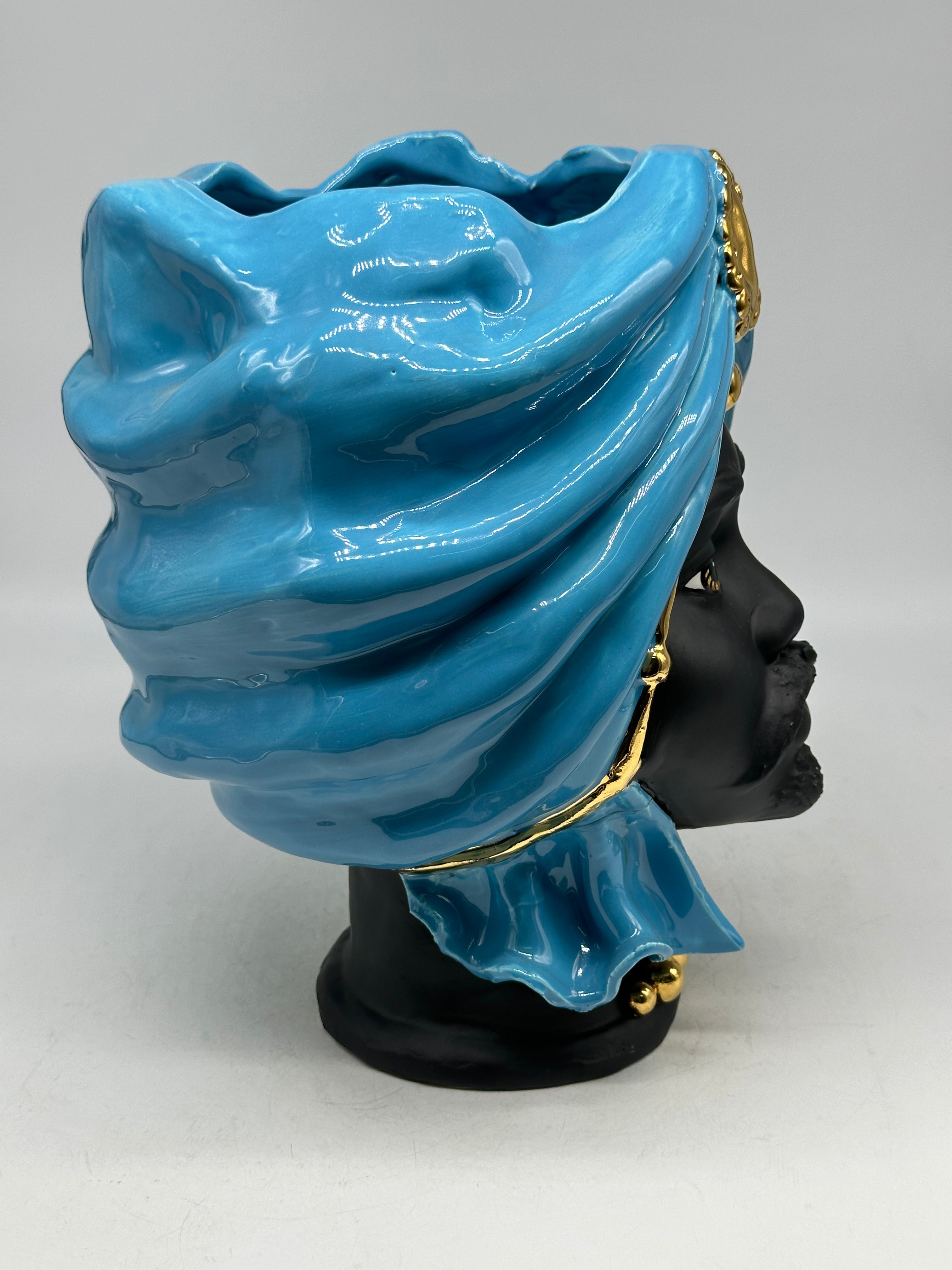 FINE SERIE - Coppia Teste di Moro Atena Ceramica Caltagirone cm H.30 L.23 Artigianale Opaco Celeste Oro - TESTE DI MORO