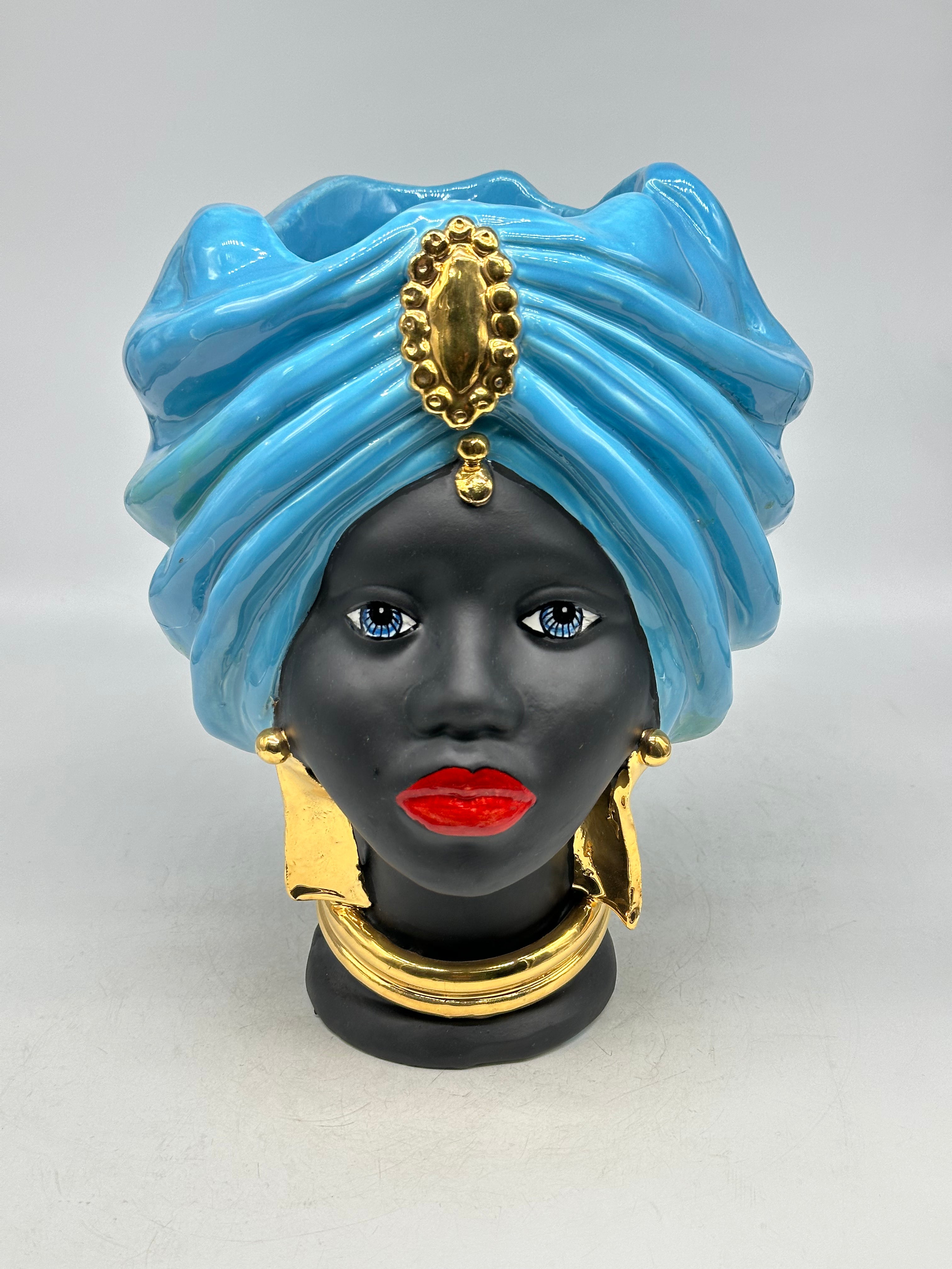 FINE SERIE - Coppia Teste di Moro Atena Ceramica Caltagirone cm H.30 L.23 Artigianale Opaco Celeste Oro - TESTE DI MORO