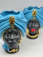 FINE SERIE - Coppia Teste di Moro Atena Ceramica Caltagirone cm H.30 L.23 Artigianale Opaco Celeste Oro - TESTE DI MORO