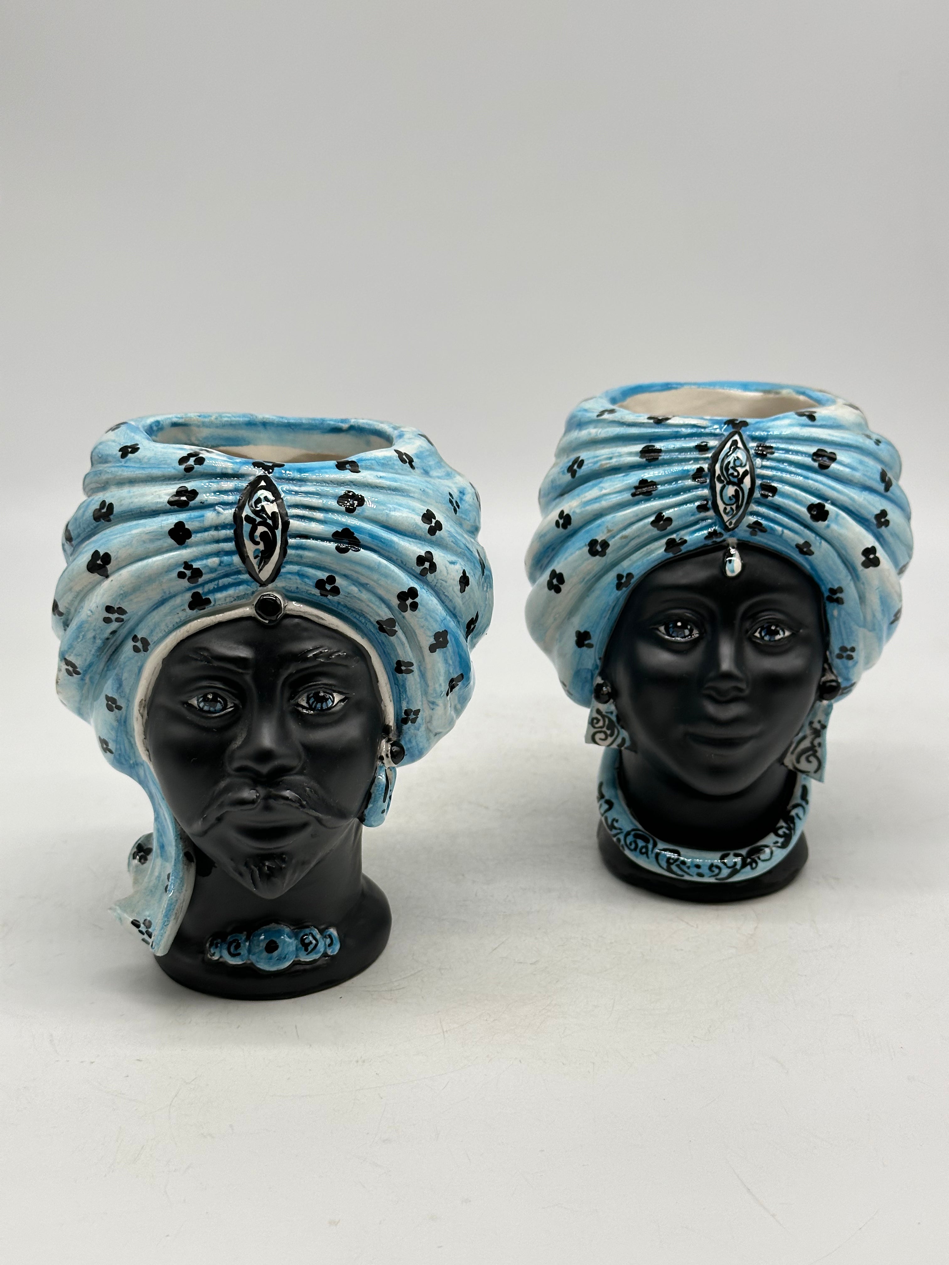 FINE SERIE - Coppia Teste di Moro Atena MINI Ceramica Caltagirone cm H.15 L.11 Artigianale Celeste Nero Opaco - TESTE