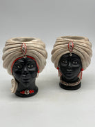 FINE SERIE - Coppia Teste di Moro Atena MINI Ceramica Caltagirone cm H.15 L.11 Artigianale Ecru Opaco Rosso - TESTE
