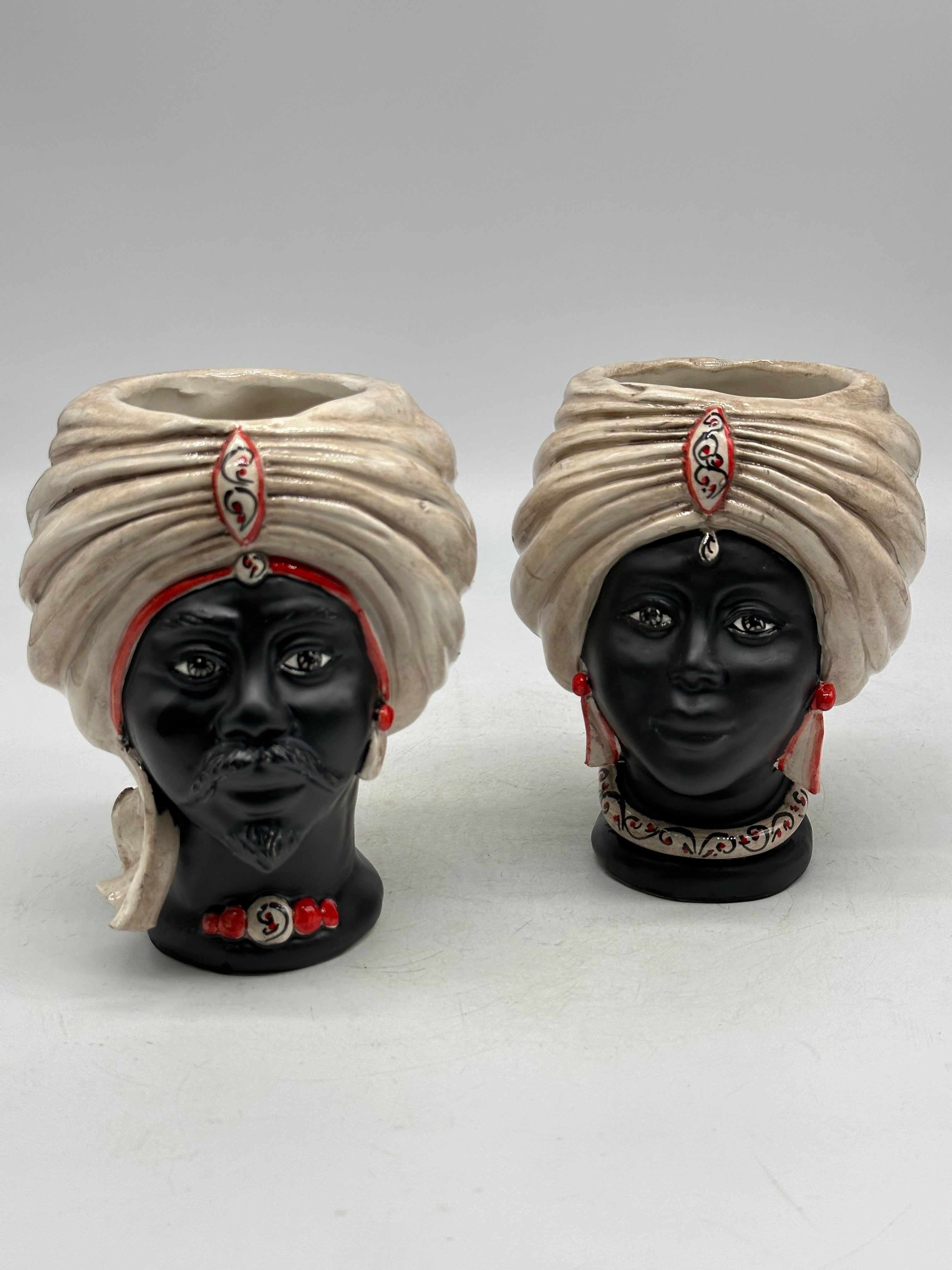 FINE SERIE - Coppia Teste di Moro Atena MINI Ceramica Caltagirone cm H.15 L.11 Artigianale Ecru Opaco Rosso - TESTE