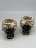 FINE SERIE - Coppia Teste di Moro Atena MINI Ceramica Caltagirone cm H.15 L.11 Artigianale Ecru Opaco Verde - TESTE