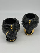 FINE SERIE - Coppia Teste di Moro Atena MINI Ceramica Caltagirone cm H.15 L.11 Artigianale Nero Opaco Oro - TESTE