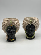 FINE SERIE - Coppia Teste di Moro Atena MINI Ceramica Caltagirone cm H.15 L.11 Artigianale Ecru Opaco Verde - TESTE