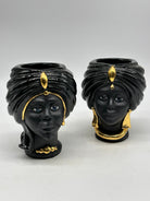 FINE SERIE - Coppia Teste di Moro Atena MINI Ceramica Caltagirone cm H.15 L.11 Artigianale Nero Opaco Oro - TESTE