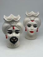 FINE SERIE - Coppia Teste di Moro Luis Ceramica Caltagirone cm H.22 L.15 Artigianale Bianco Rosso - TESTE DI MORO