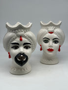 FINE SERIE - Coppia Teste di Moro Luis Ceramica Caltagirone cm H.22 L.15 Artigianale Bianco Rosso - TESTE DI MORO