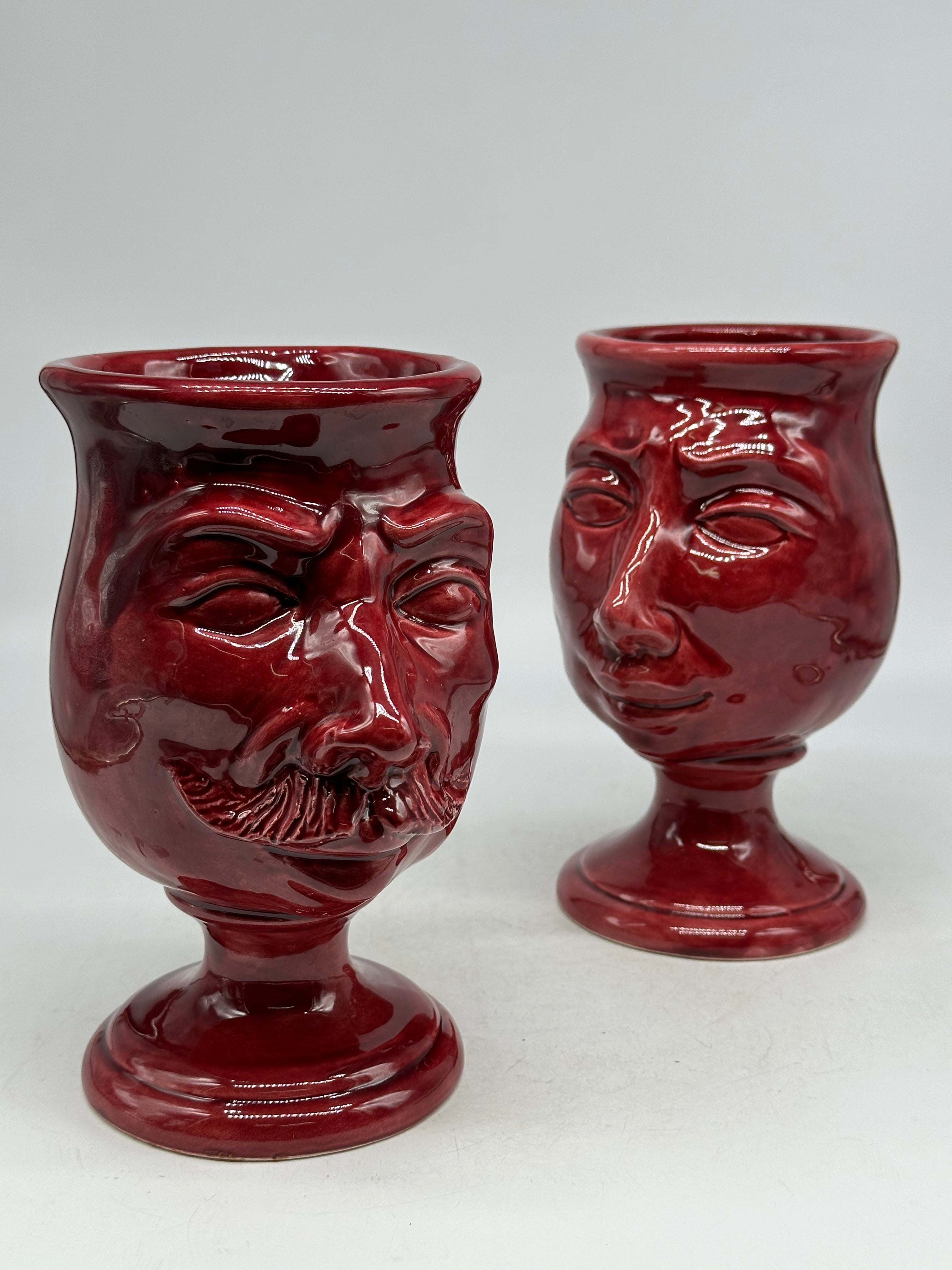 FINE SERIE - Coppia Teste di Moro Simpatiche Ceramica Caltagirone cm H.20 L.12 Artigianale Bordeaux - TESTE DI MORO
