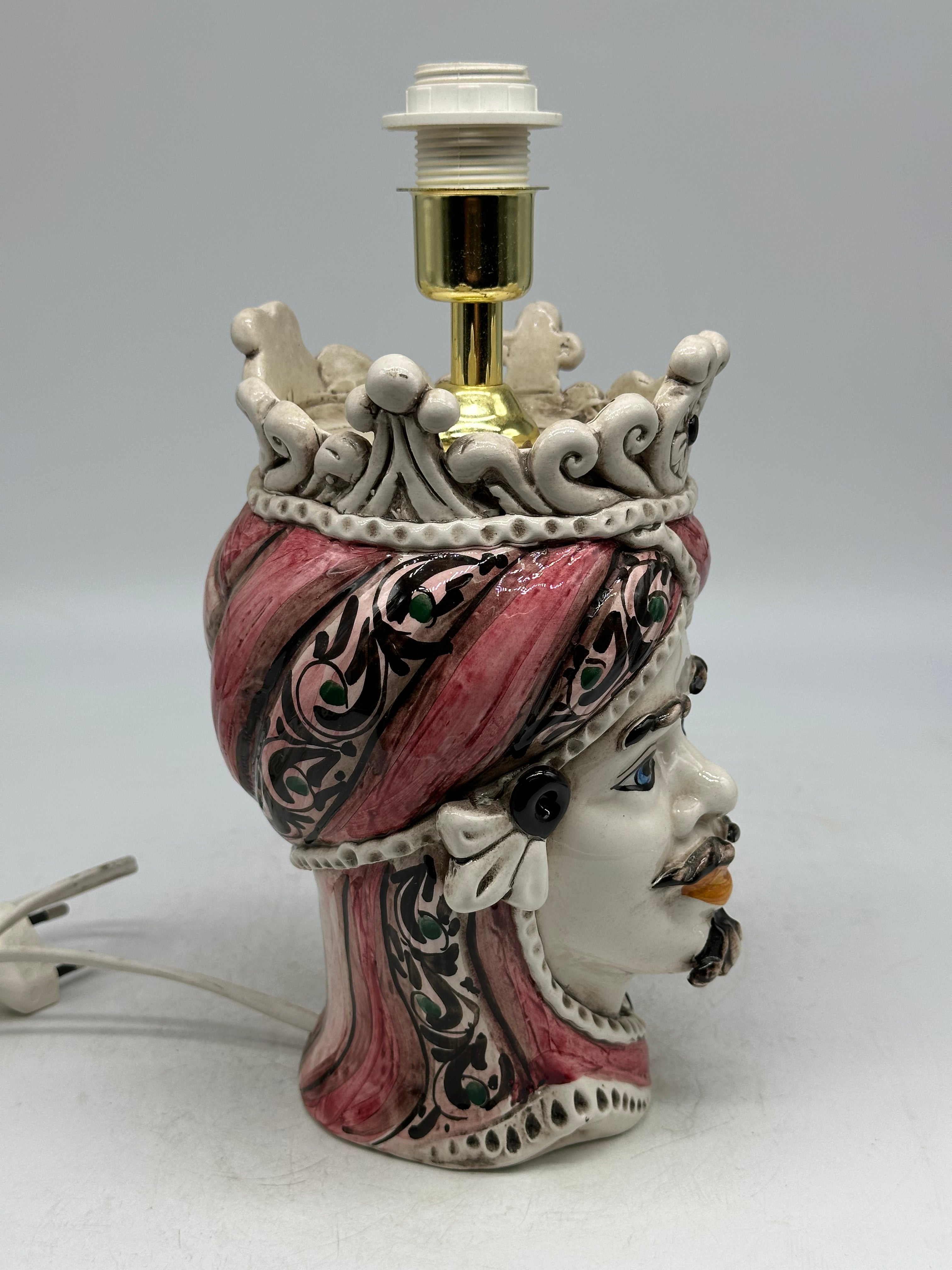 FINE SERIE - Lume Testa di Moro Uomo Moresca Ceramica Caltagirone cm H.22 L.13 Artigianale Decorazione Rosa - TESTE