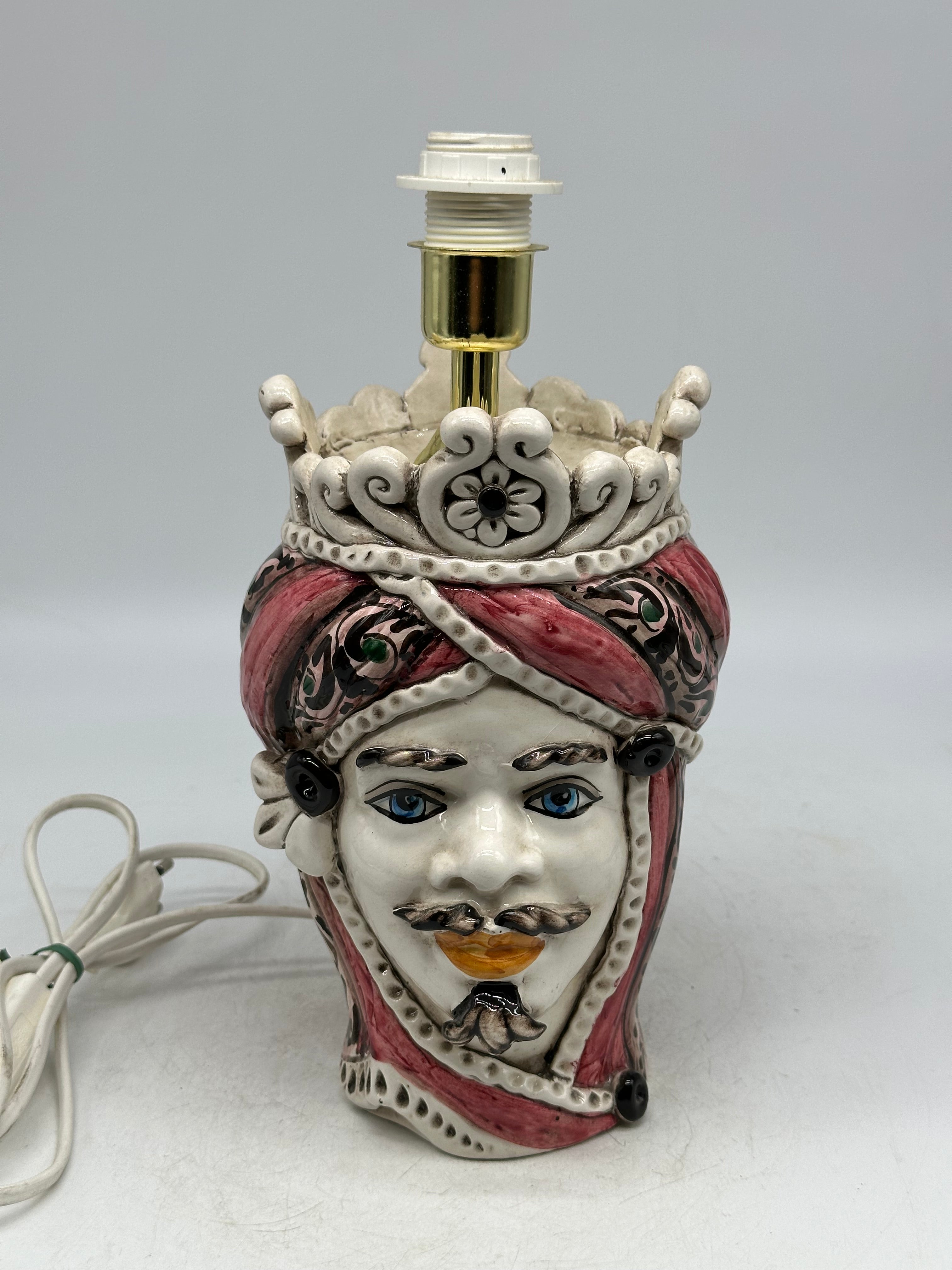 FINE SERIE - Lume Testa di Moro Uomo Moresca Ceramica Caltagirone cm H.22 L.13 Artigianale Decorazione Rosa - TESTE