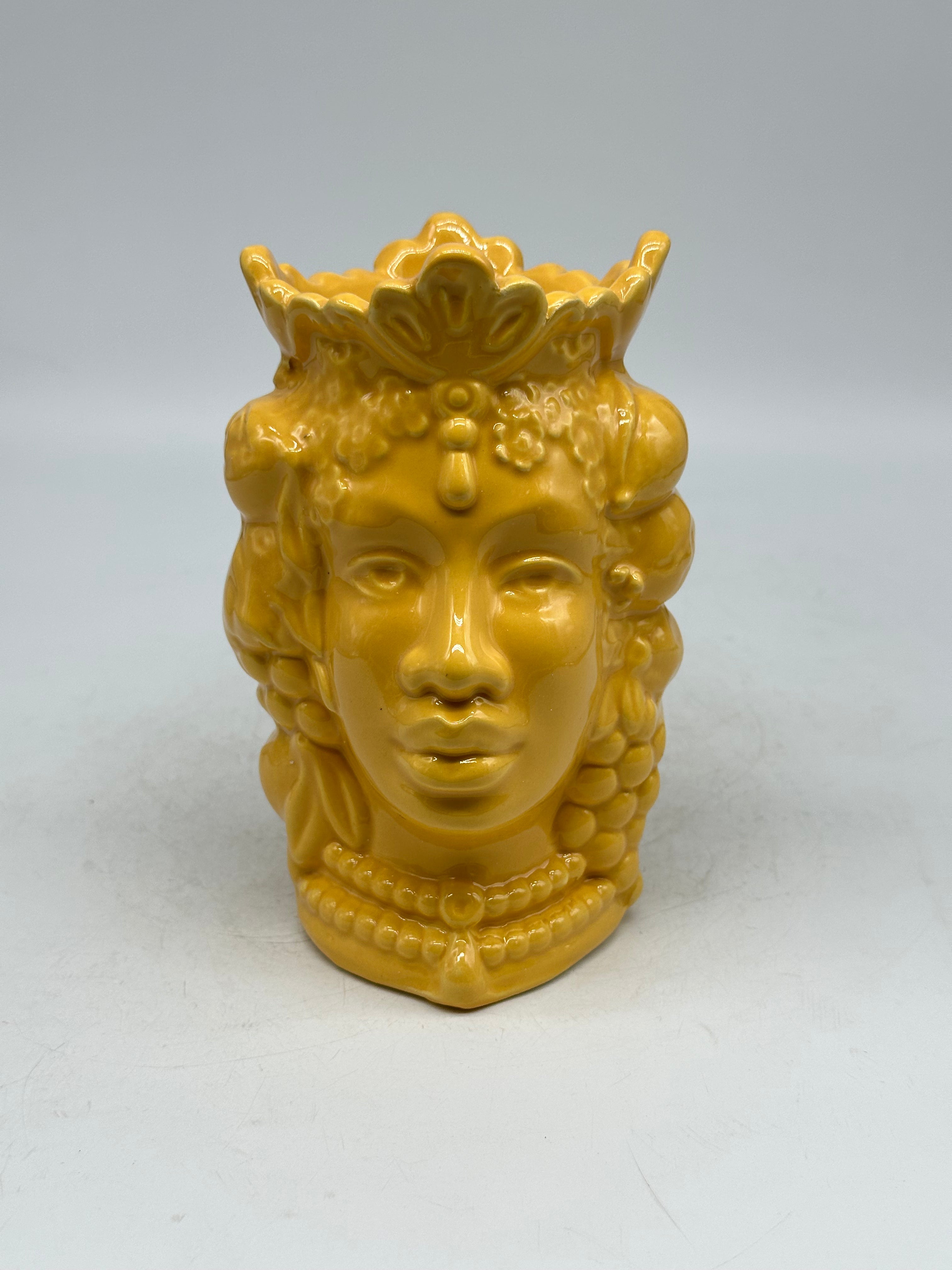 FINE SERIE - Testa di Moro Afro Frutta Donna Ceramica Caltagirone cm H.18 L.12 Artigianale Giallo - TESTE DI MORO