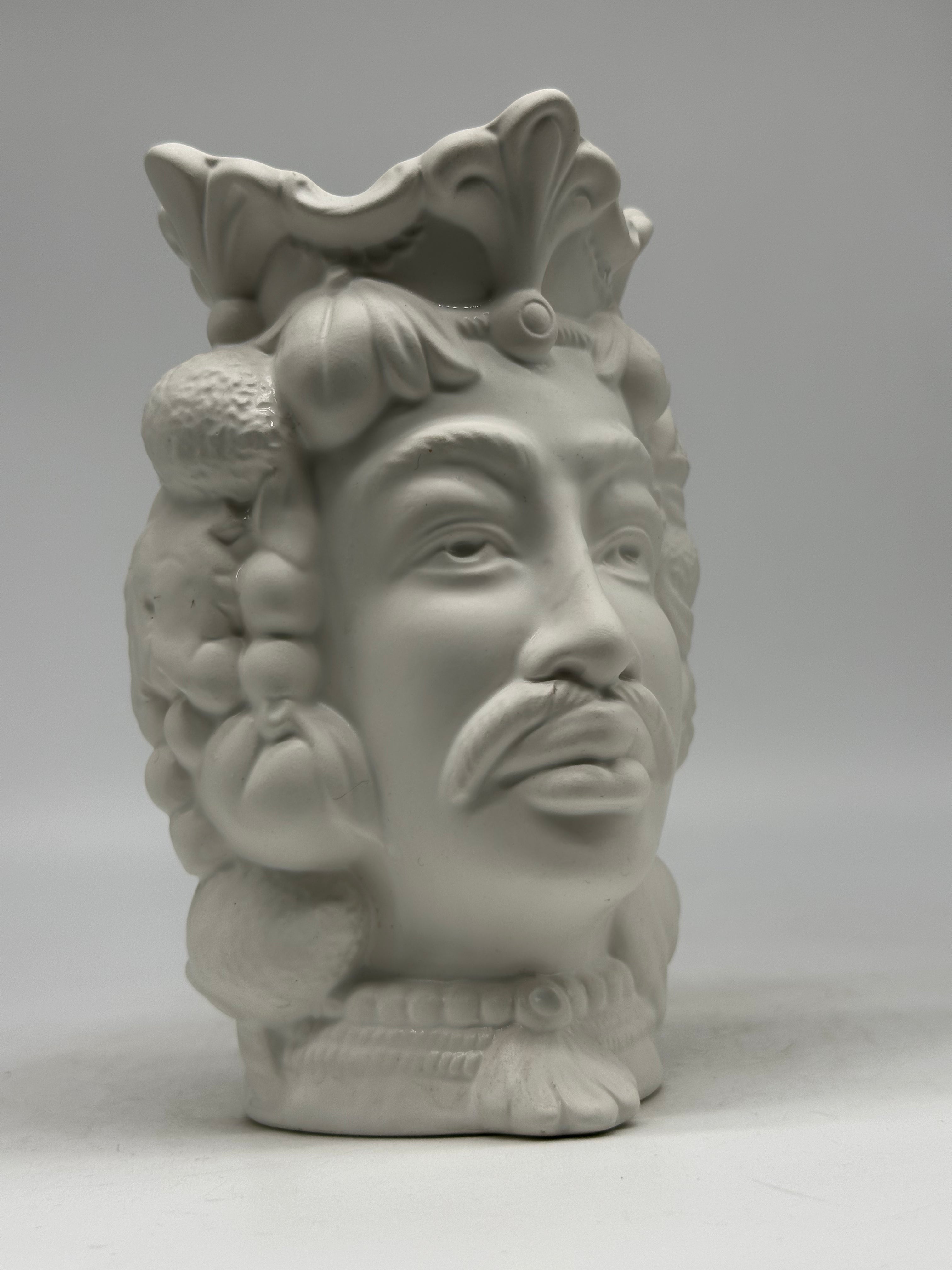 FINE SERIE - Testa di Moro Afro Frutta Uomo Ceramica Caltagirone cm H.18 L.12 Artigianale Bianco Opaco - TESTE DI MORO