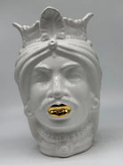 FINE SERIE - Testa di Moro Afro Uomo Ceramica Caltagirone cm H.25 L.17 Artigianale Bianco dettagli Oro DD CERAMICHE SICILIANE