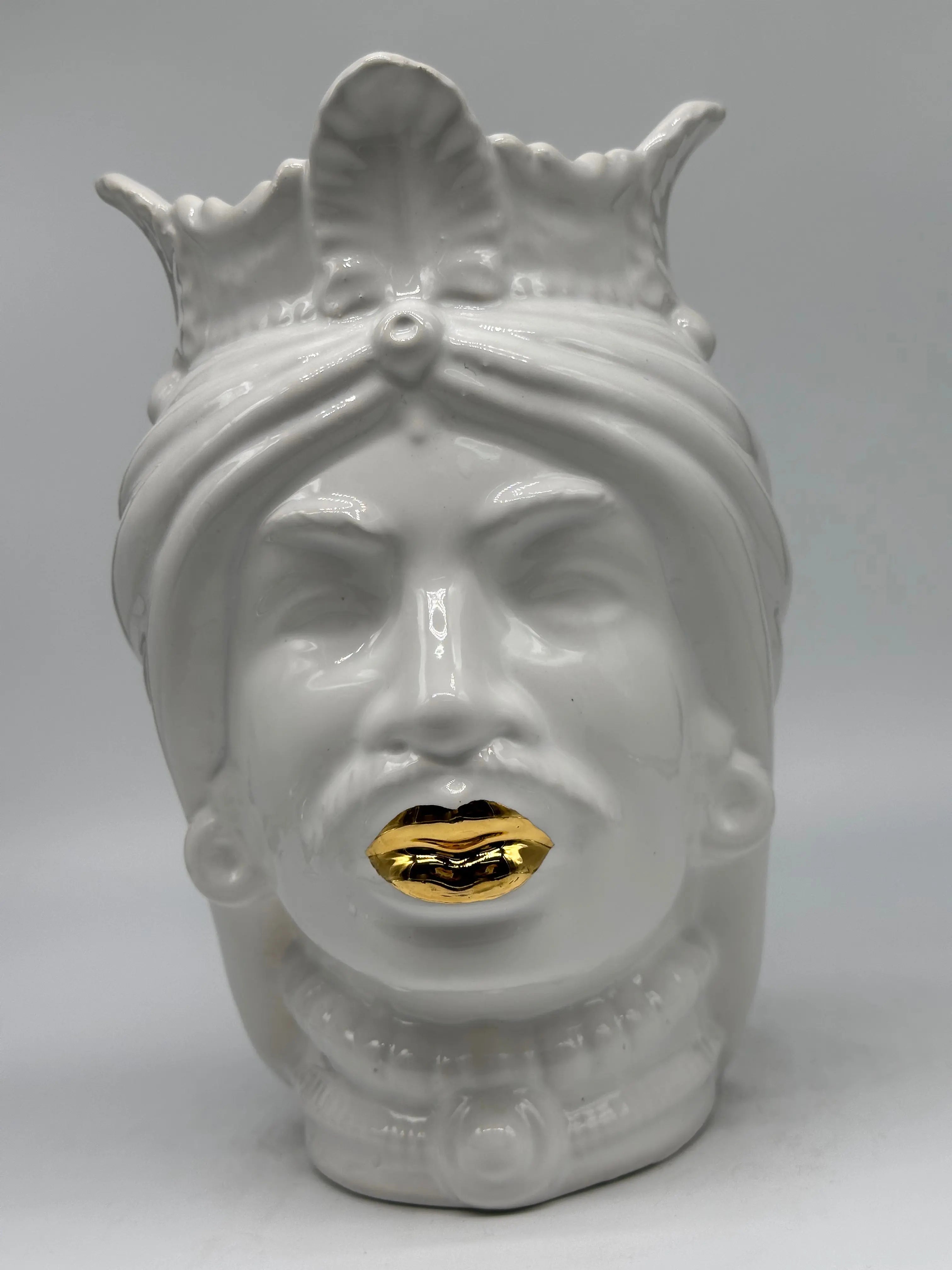 FINE SERIE - Testa di Moro Afro Uomo Ceramica Caltagirone cm H.25 L.17 Artigianale Bianco dettagli Oro DD CERAMICHE SICILIANE