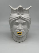 FINE SERIE - Testa di Moro Afro Uomo Ceramica Caltagirone cm H.25 L.17 Artigianale Bianco dettagli Oro DD CERAMICHE SICILIANE